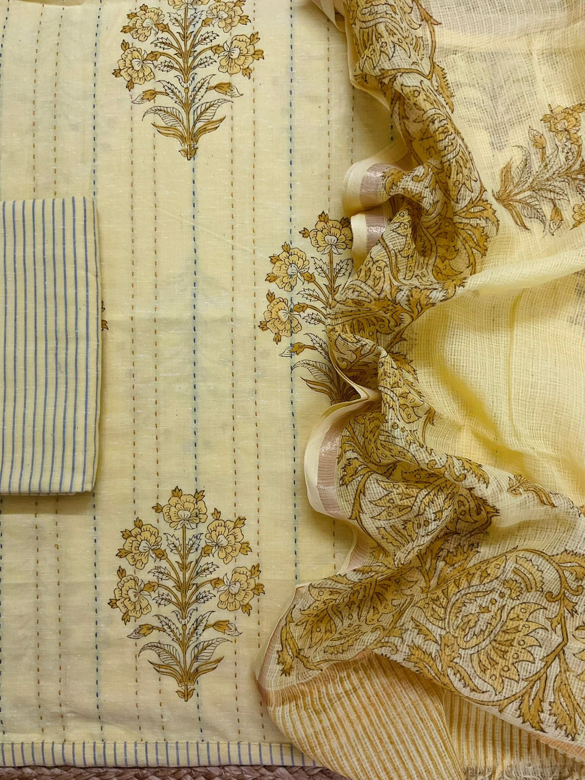 Pure Handloom Cotton Printed Embroidered Suit - Yellow