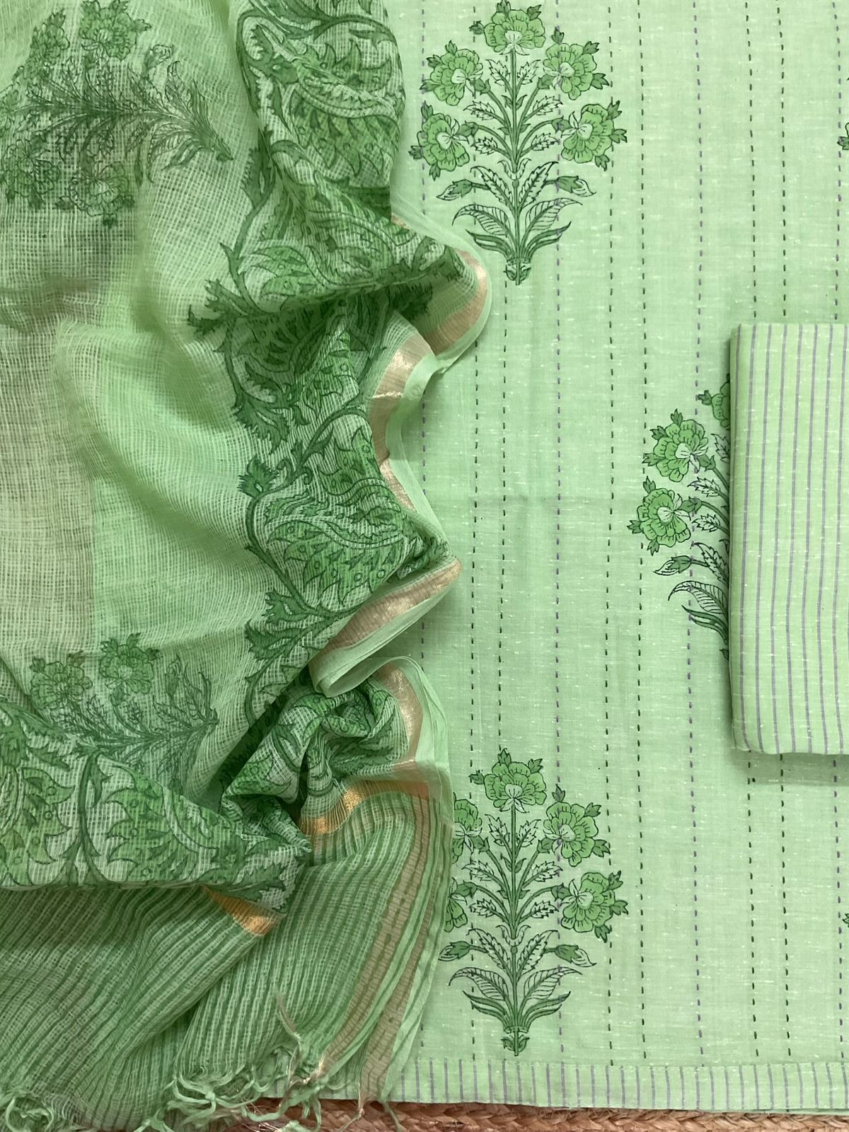 Pure Handloom Cotton Printed Embroidered Suit - Green