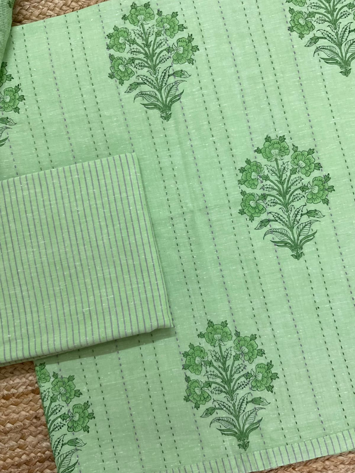 Pure Handloom Cotton Printed Embroidered Suit - Green
