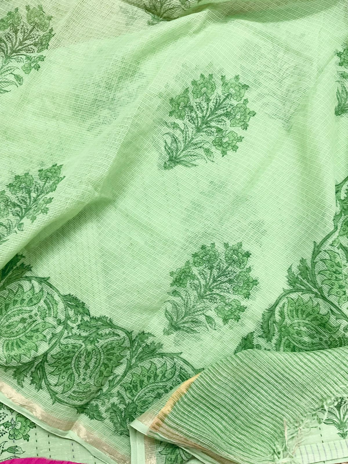 Pure Handloom Cotton Printed Embroidered Suit - Green