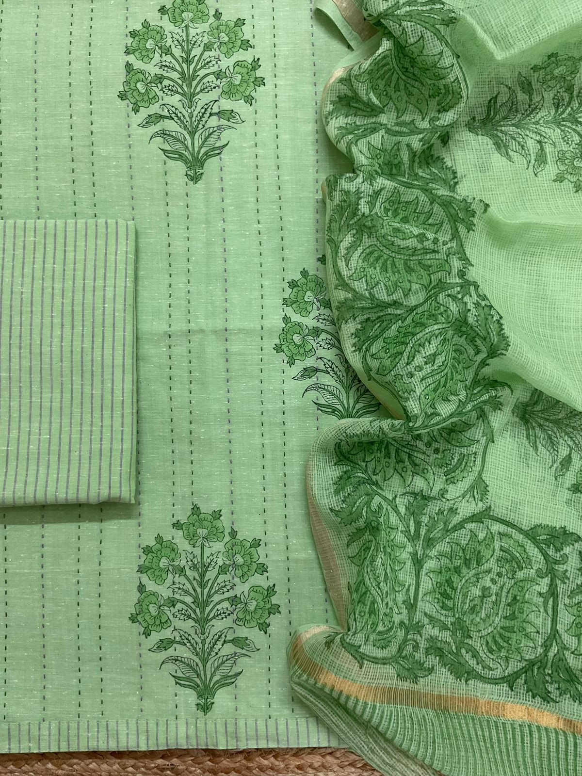 Pure Handloom Cotton Printed Embroidered Suit - Green