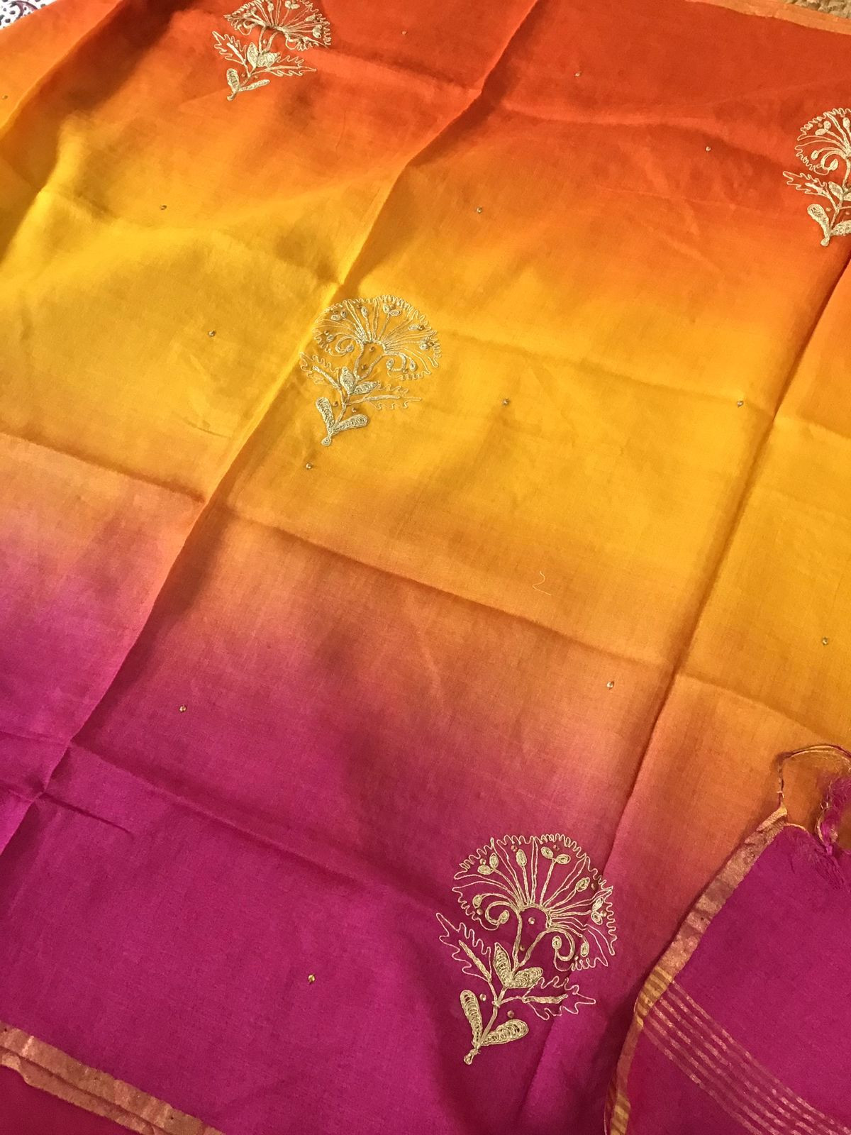 Pure Chanderi Embroidered Suit - Beige