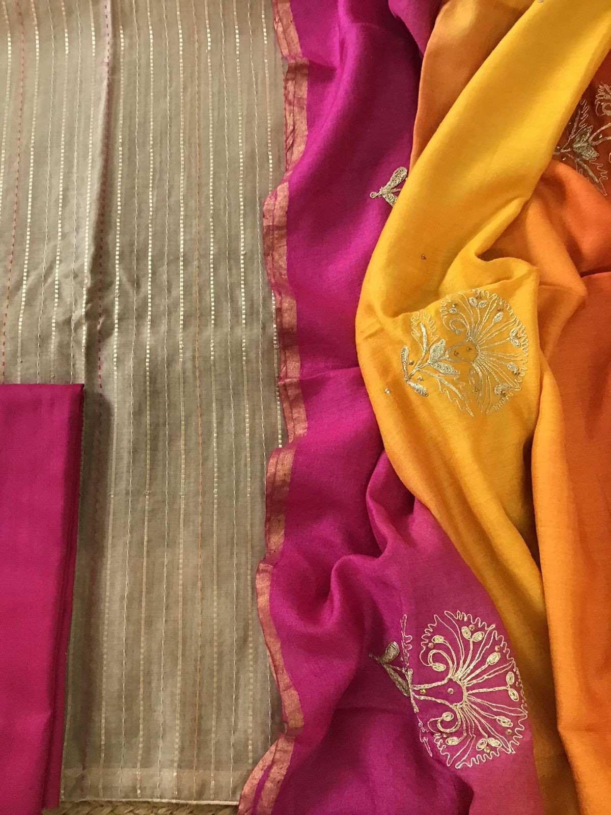 Pure Chanderi Embroidered Suit - Beige