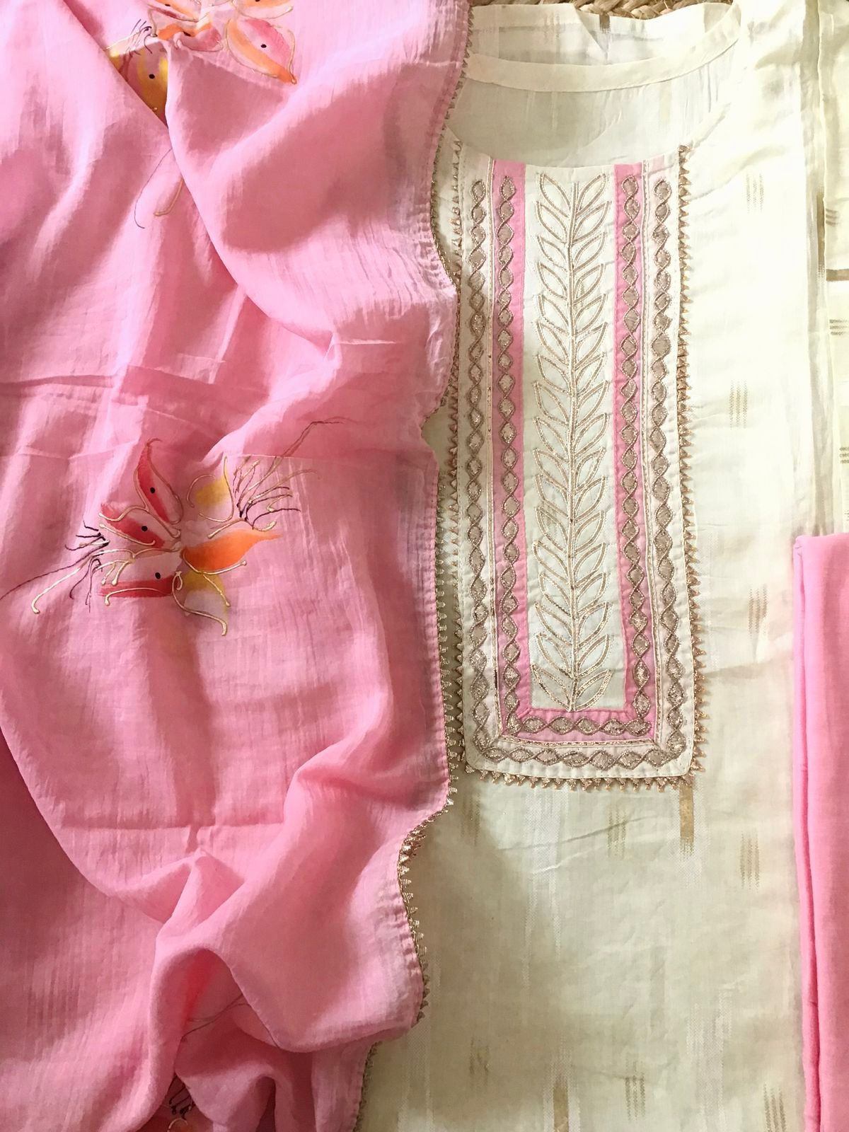 Pure Cotton Printed Embroidered Suit - Cream