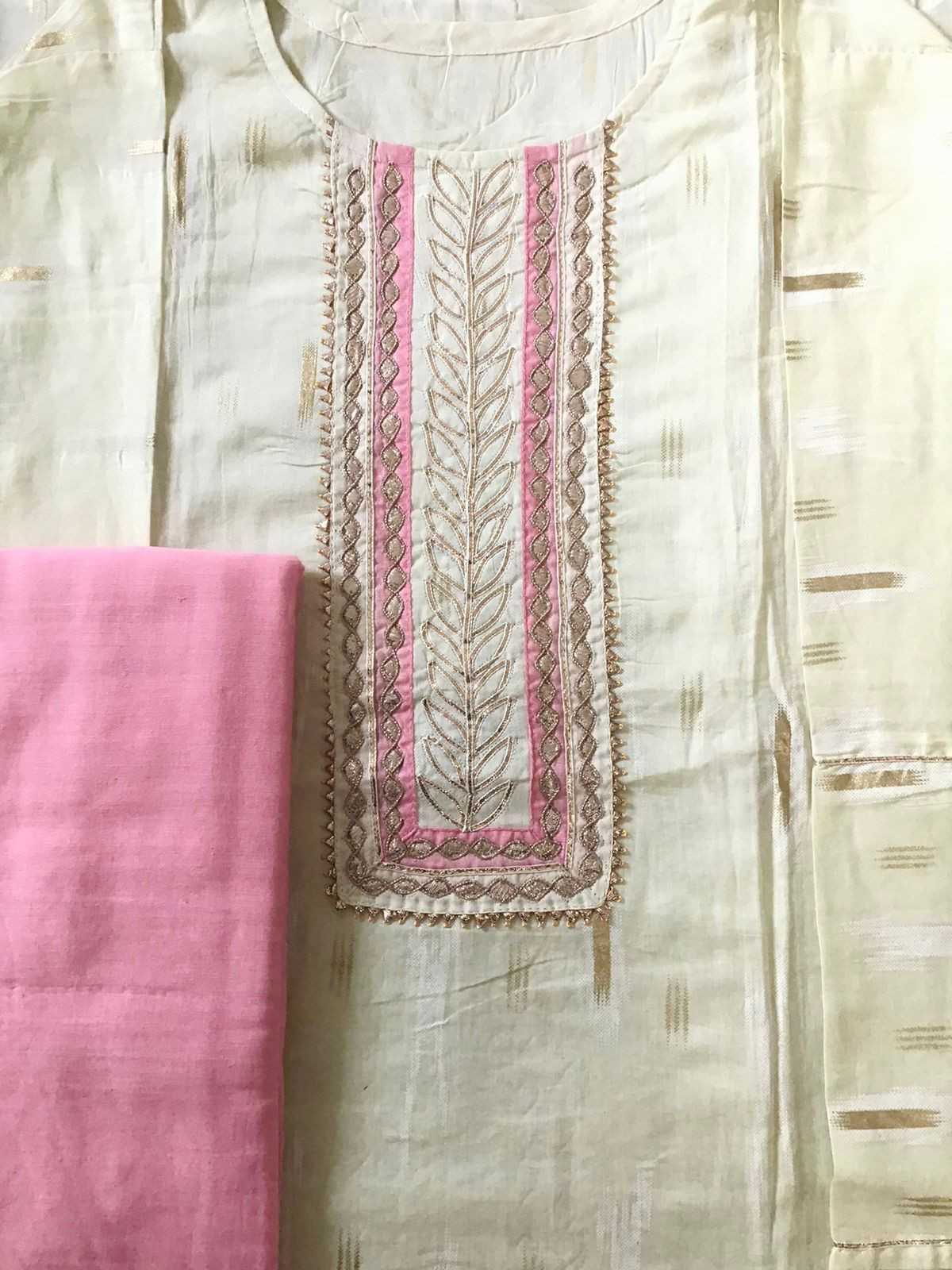 Pure Cotton Printed Embroidered Suit - Cream