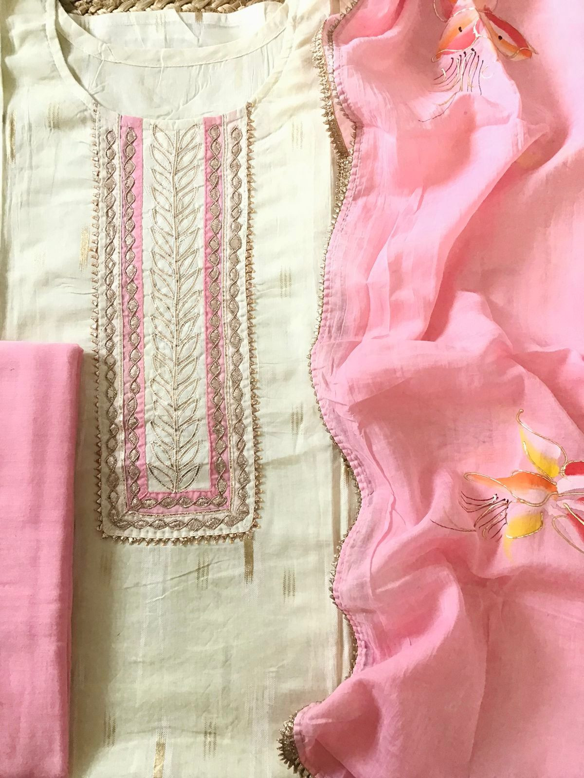 Pure Cotton Printed Embroidered Suit - Cream