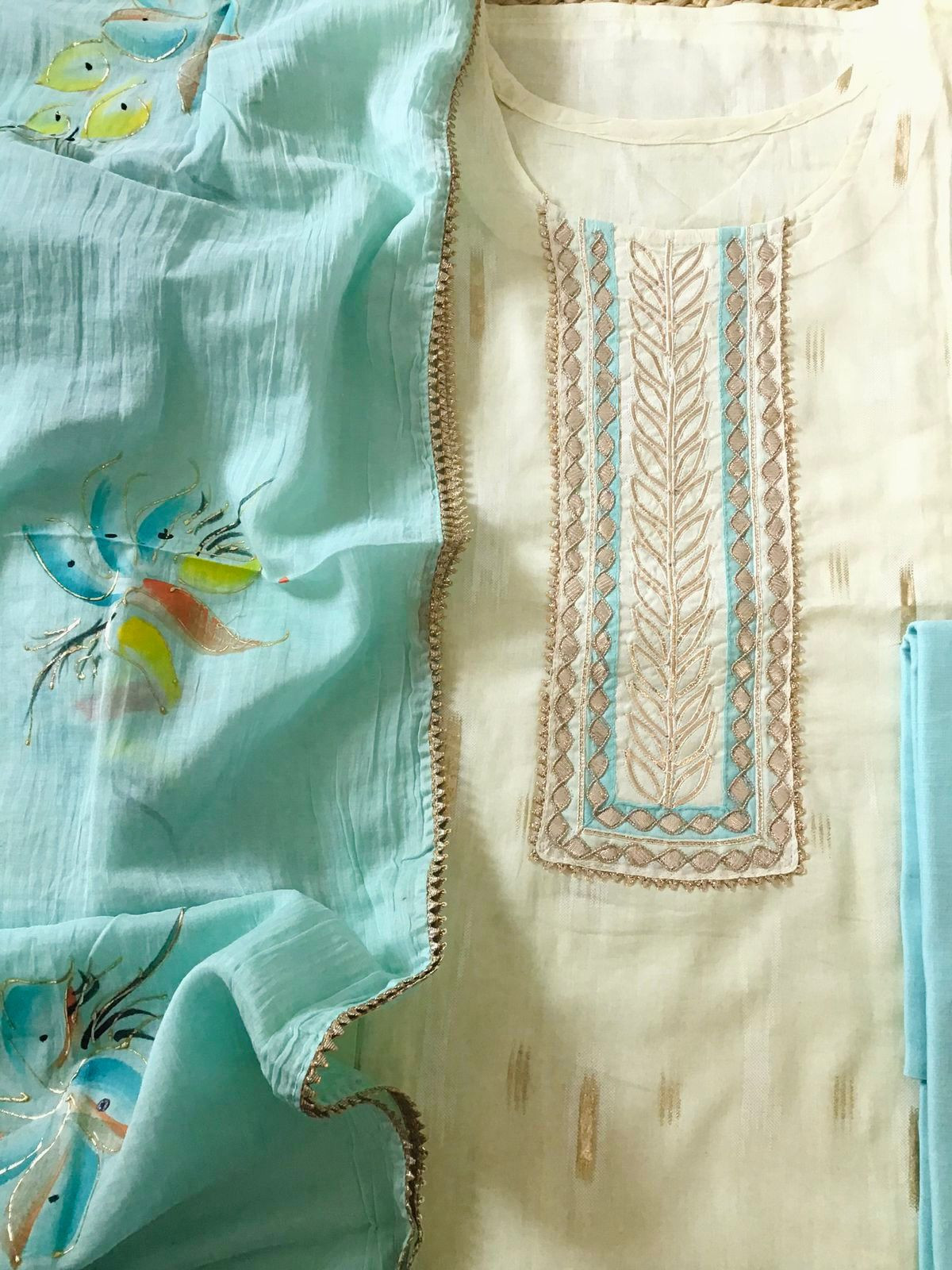 Pure Cotton Printed Embroidered Suit - Cream