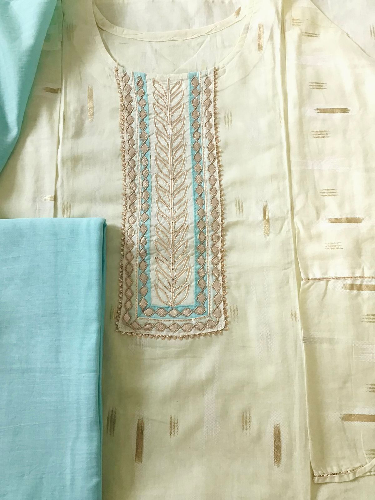 Pure Cotton Printed Embroidered Suit - Cream