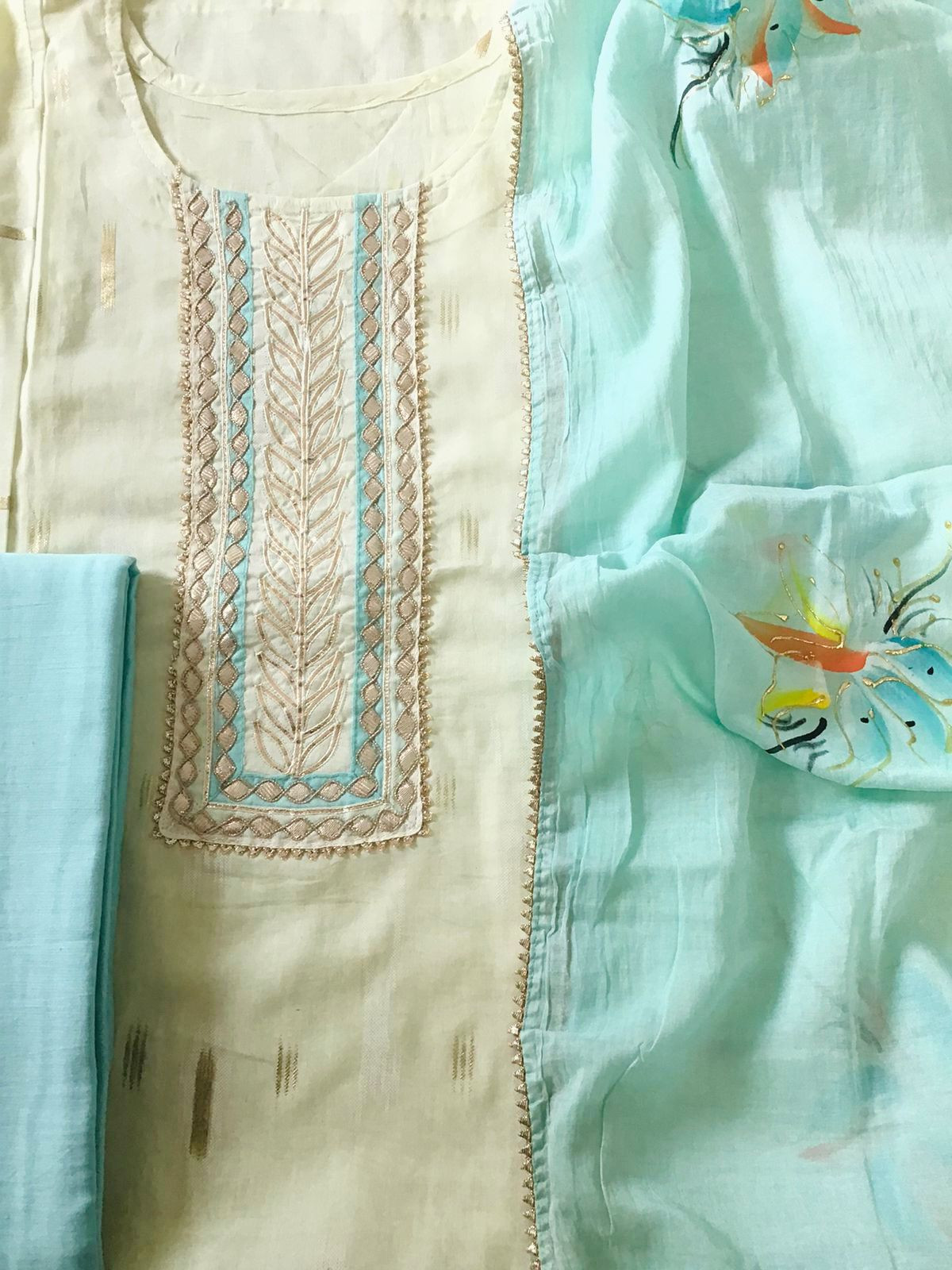 Pure Cotton Printed Embroidered Suit - Cream