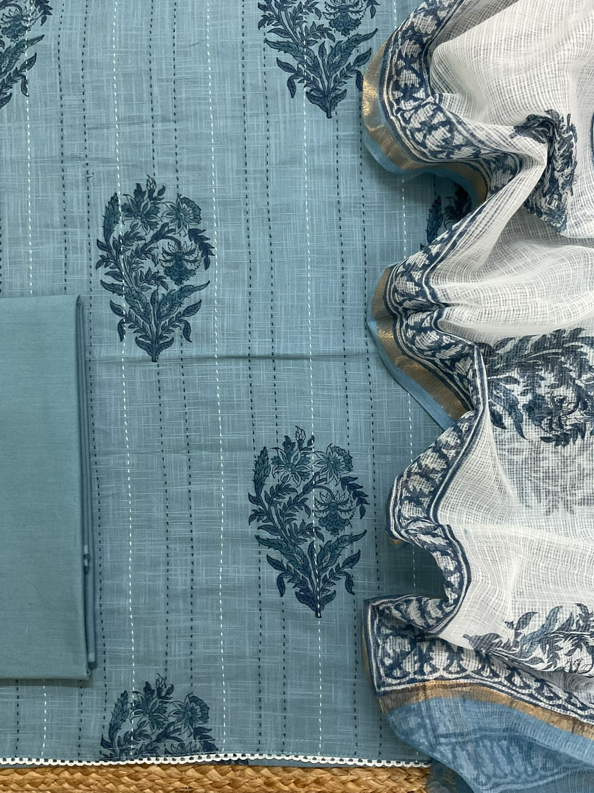 Pure Handloom Cotton Printed Embroidered Suit - Blue