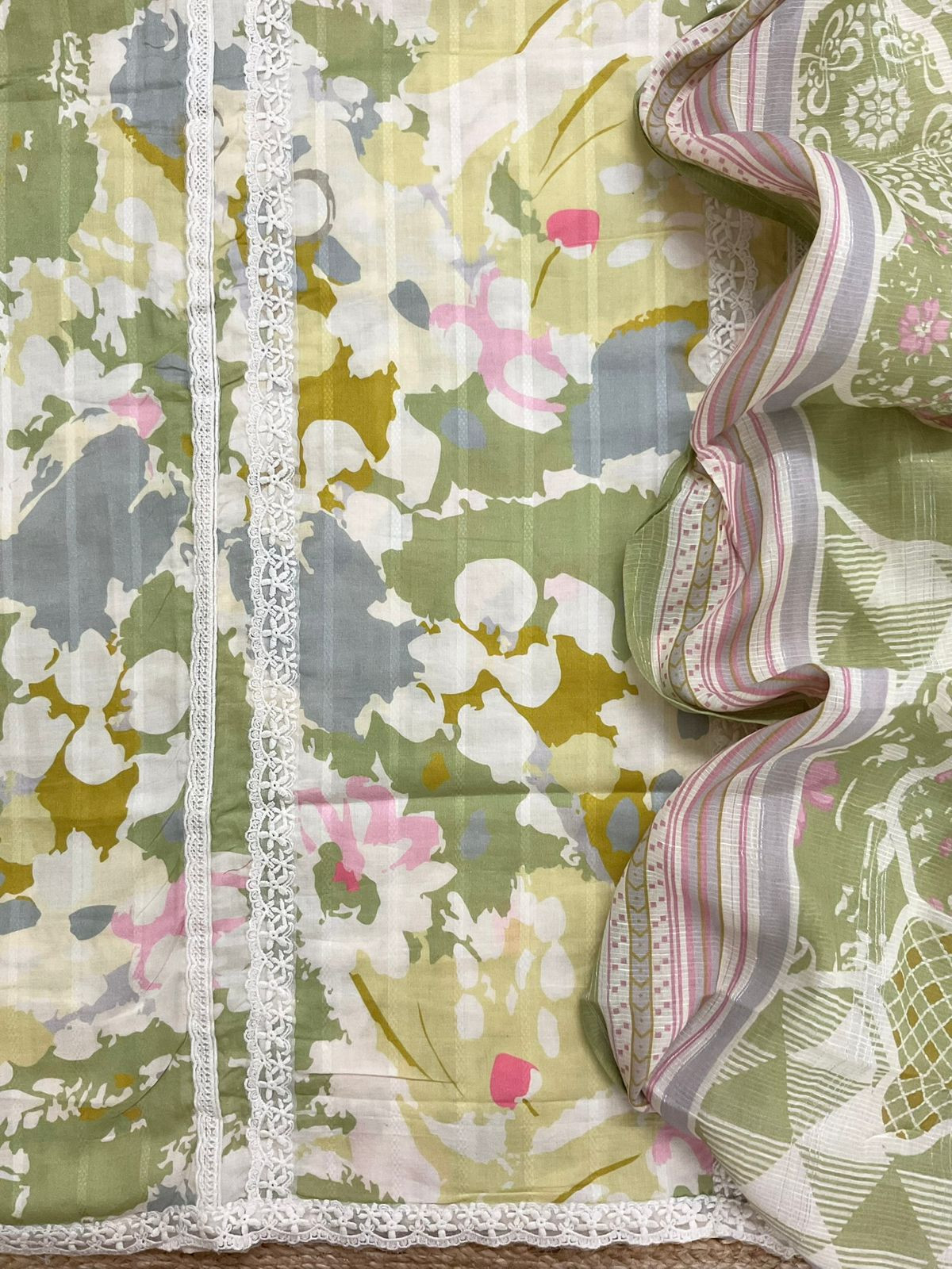 Pure Cotton Printed Embroidered Suit - Green