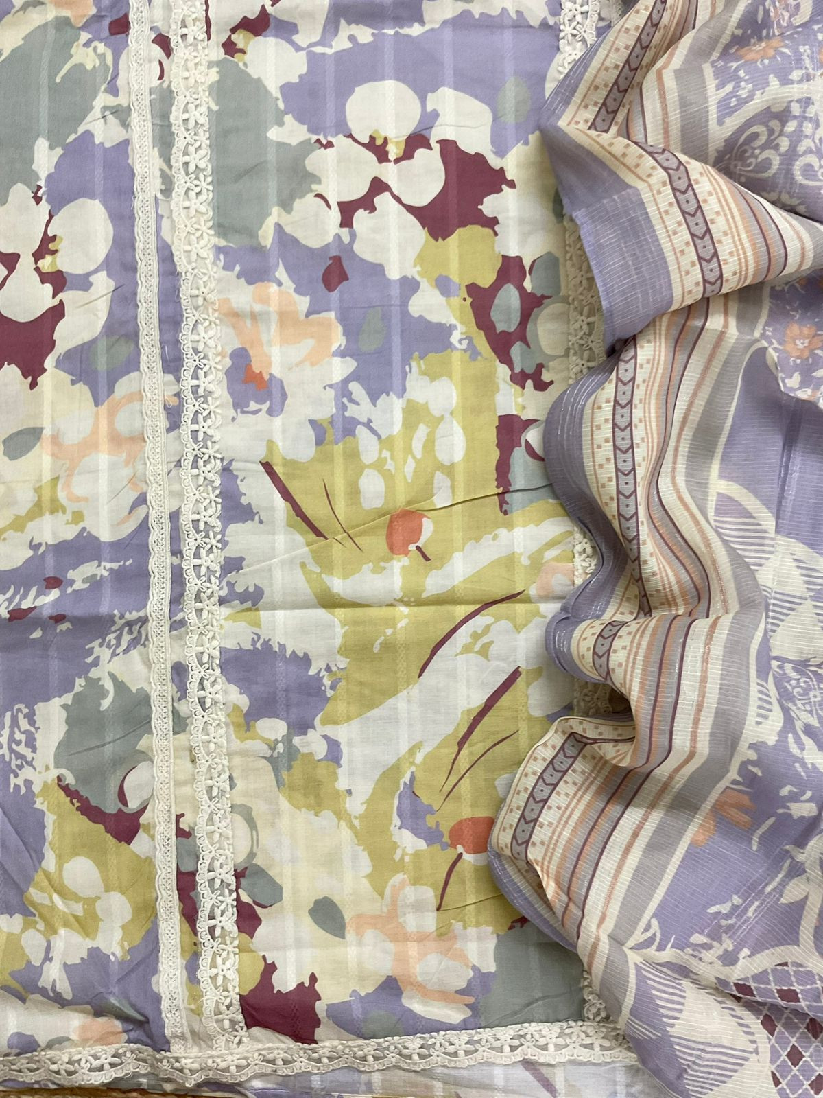 Pure Cotton Printed Embroidered Suit - lavender