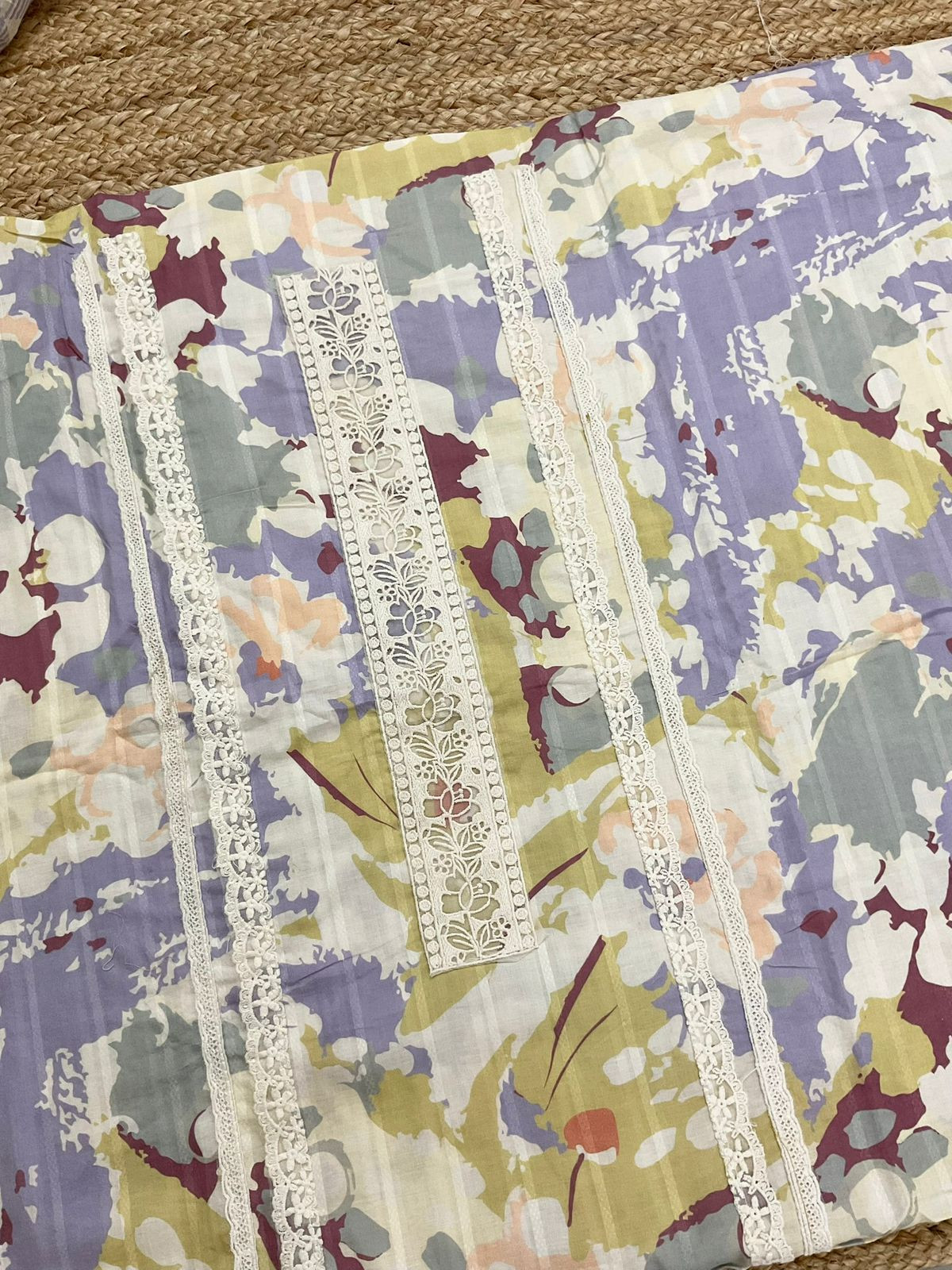 Pure Cotton Printed Embroidered Suit - lavender