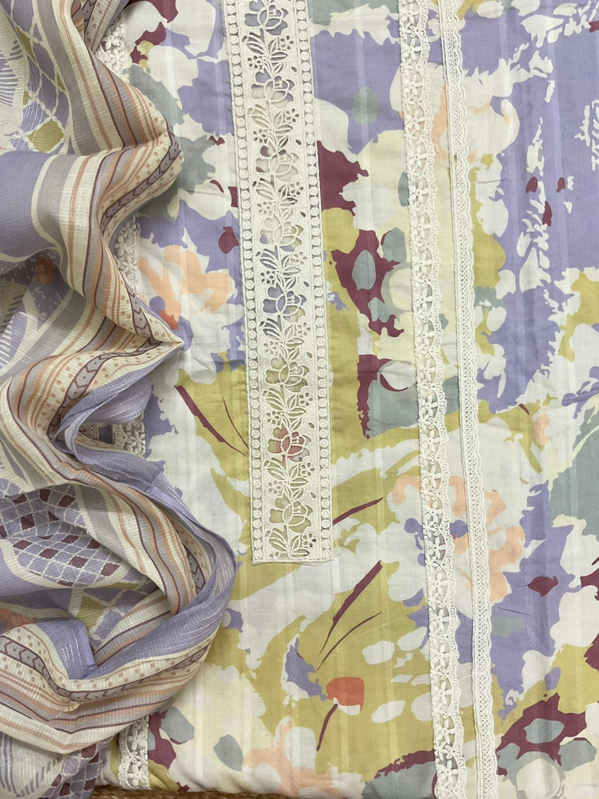 Pure Cotton Printed Embroidered Suit - lavender