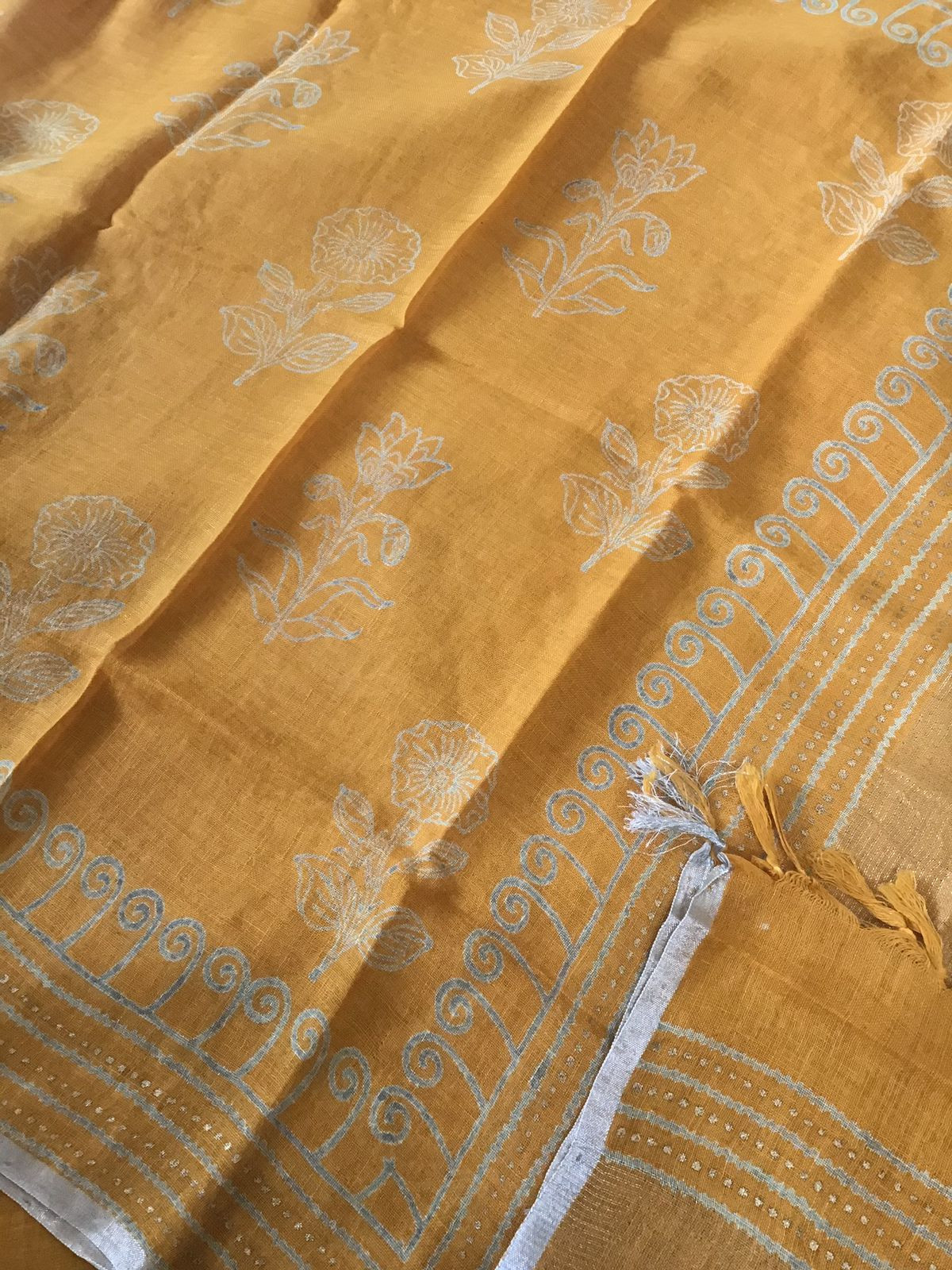 Pure Linen Jute Cotton Printed Self Weaved Suit - Yellow