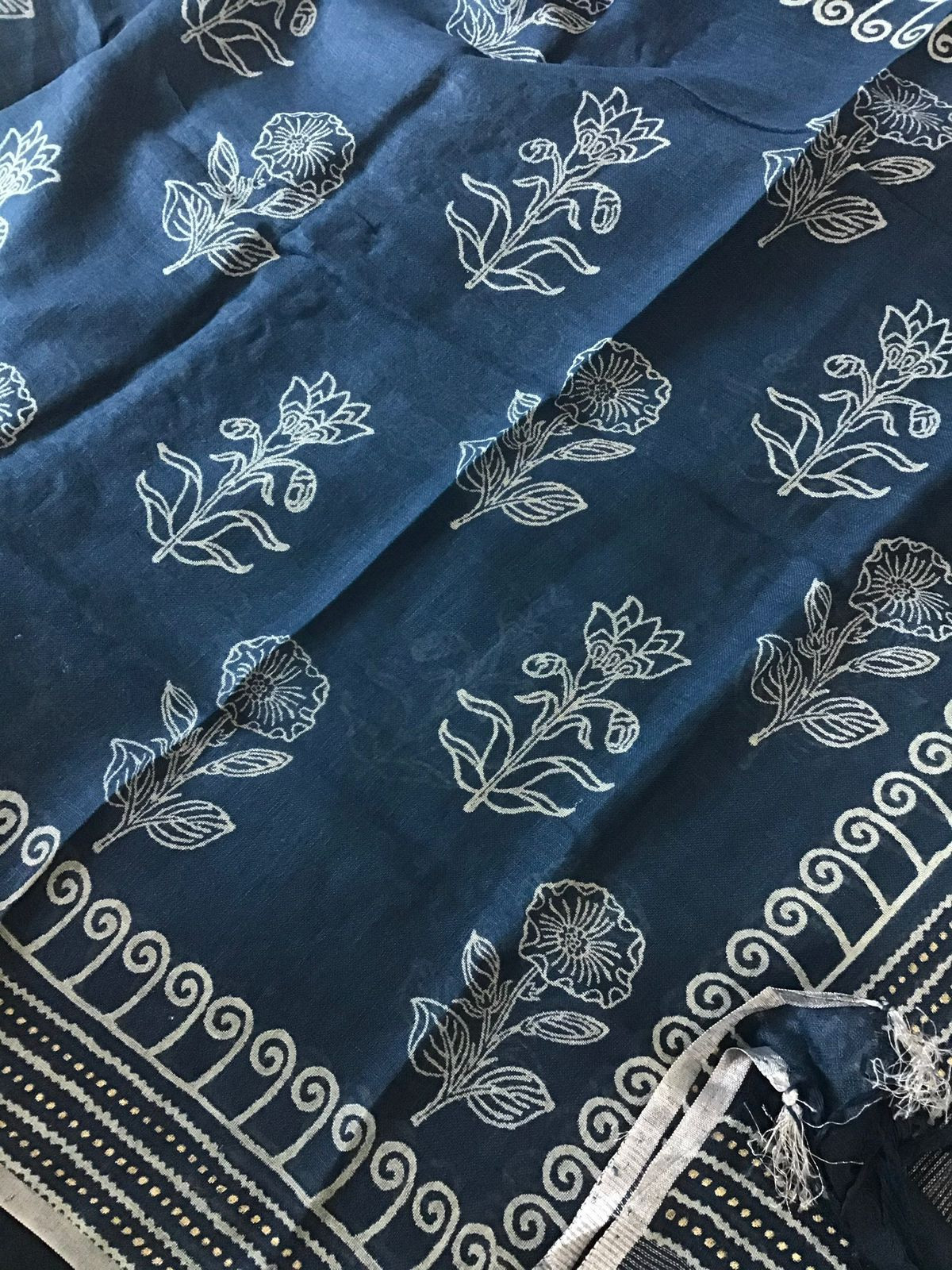 Pure Linen Jute Cotton Printed Self Weaved Suit - Blue