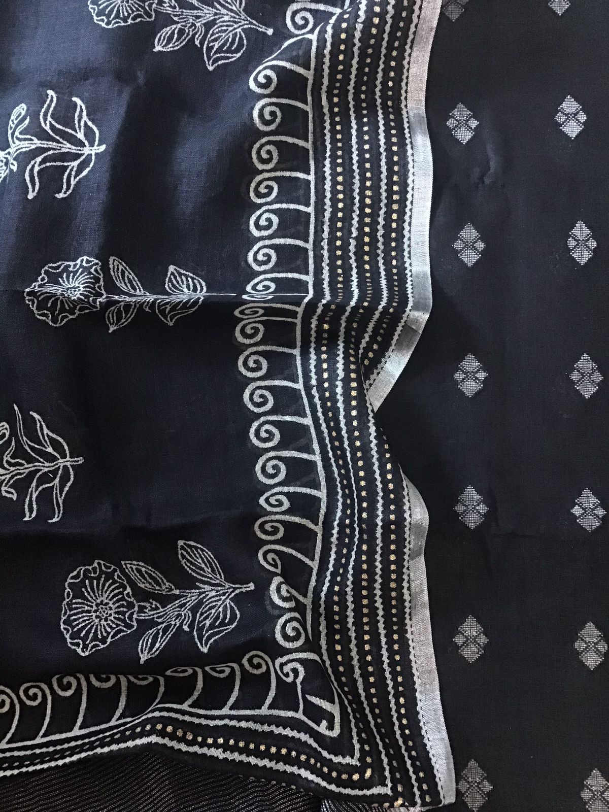 Pure Linen Jute Cotton Printed Self Weaved Suit - Black