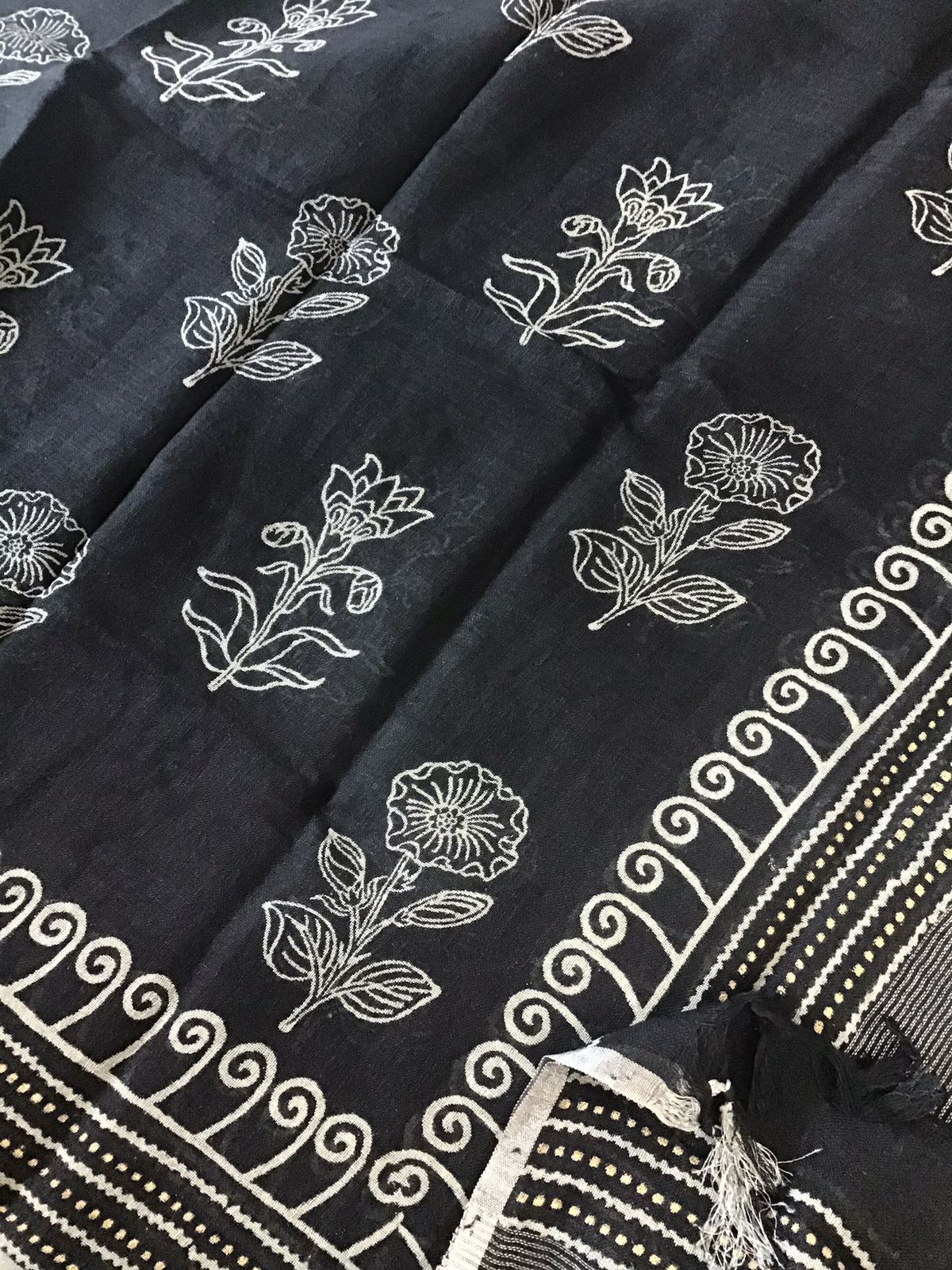 Pure Linen Jute Cotton Printed Self Weaved Suit - Black