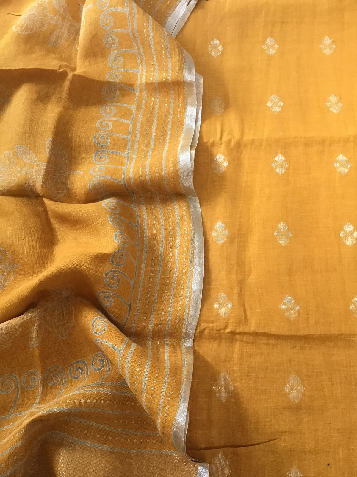 Pure Linen Jute Cotton Printed Self Weaved Suit - Yellow