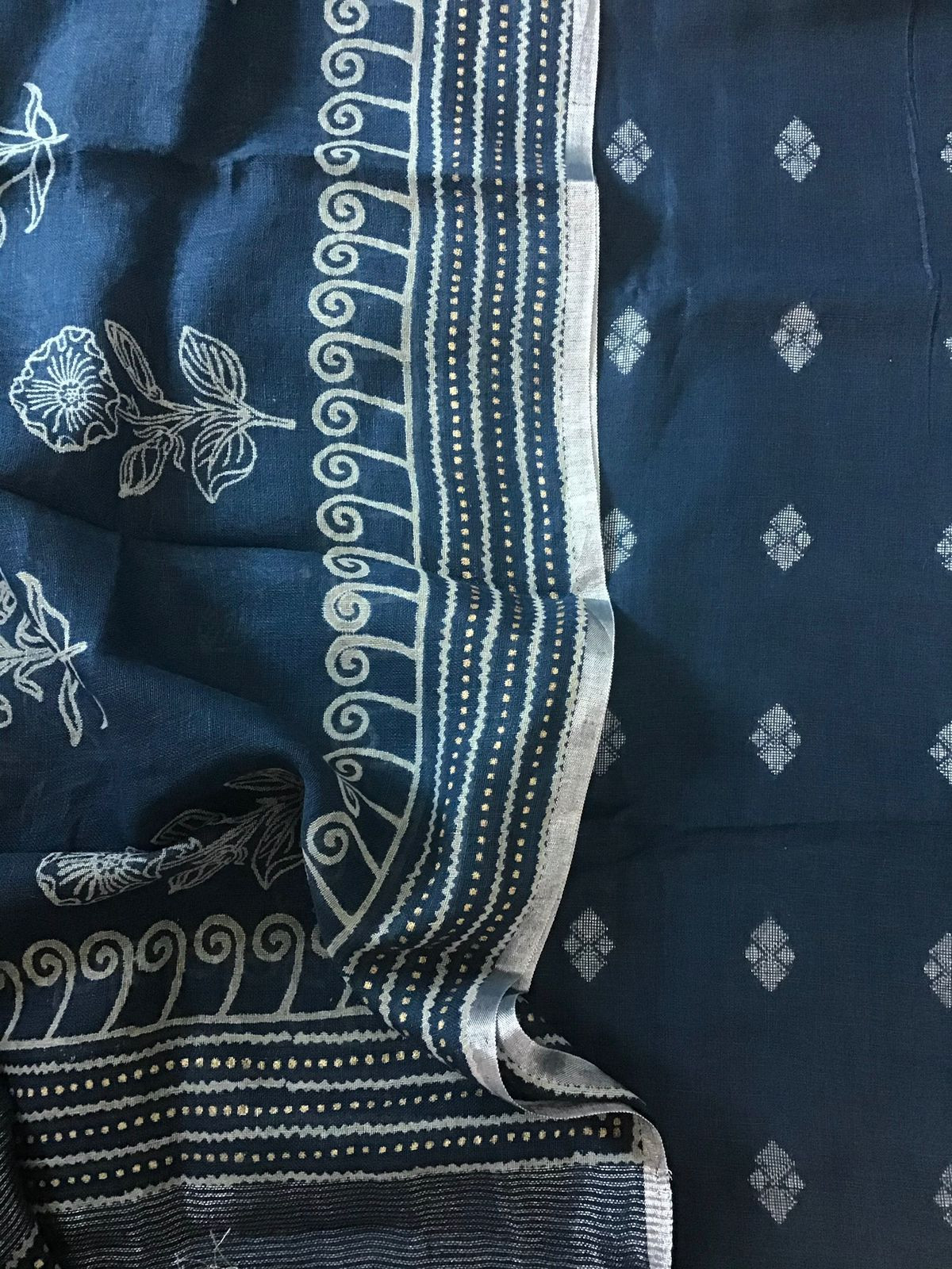 Pure Linen Jute Cotton Printed Self Weaved Suit - Blue