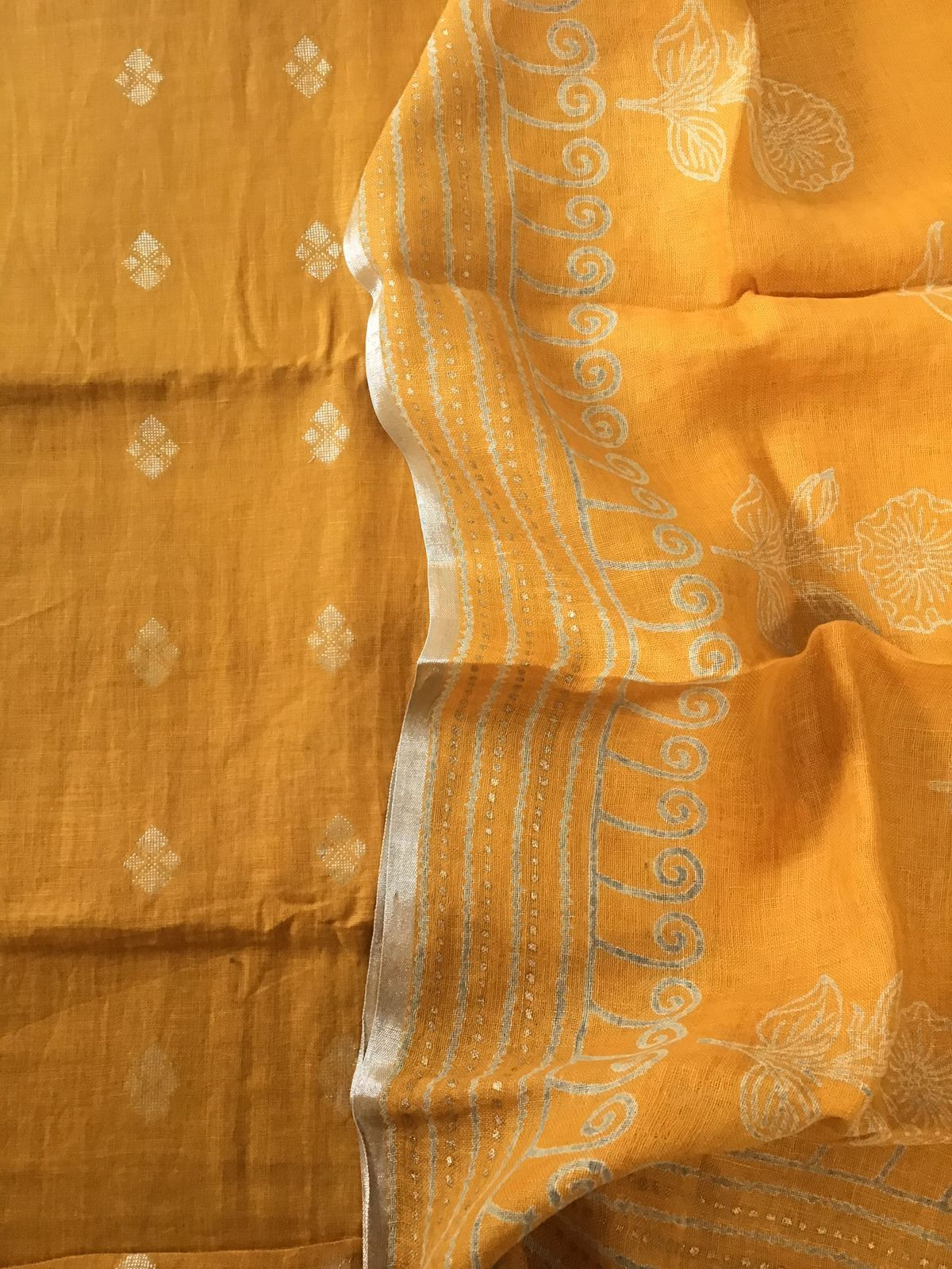Pure Linen Jute Cotton Printed Self Weaved Suit - Yellow