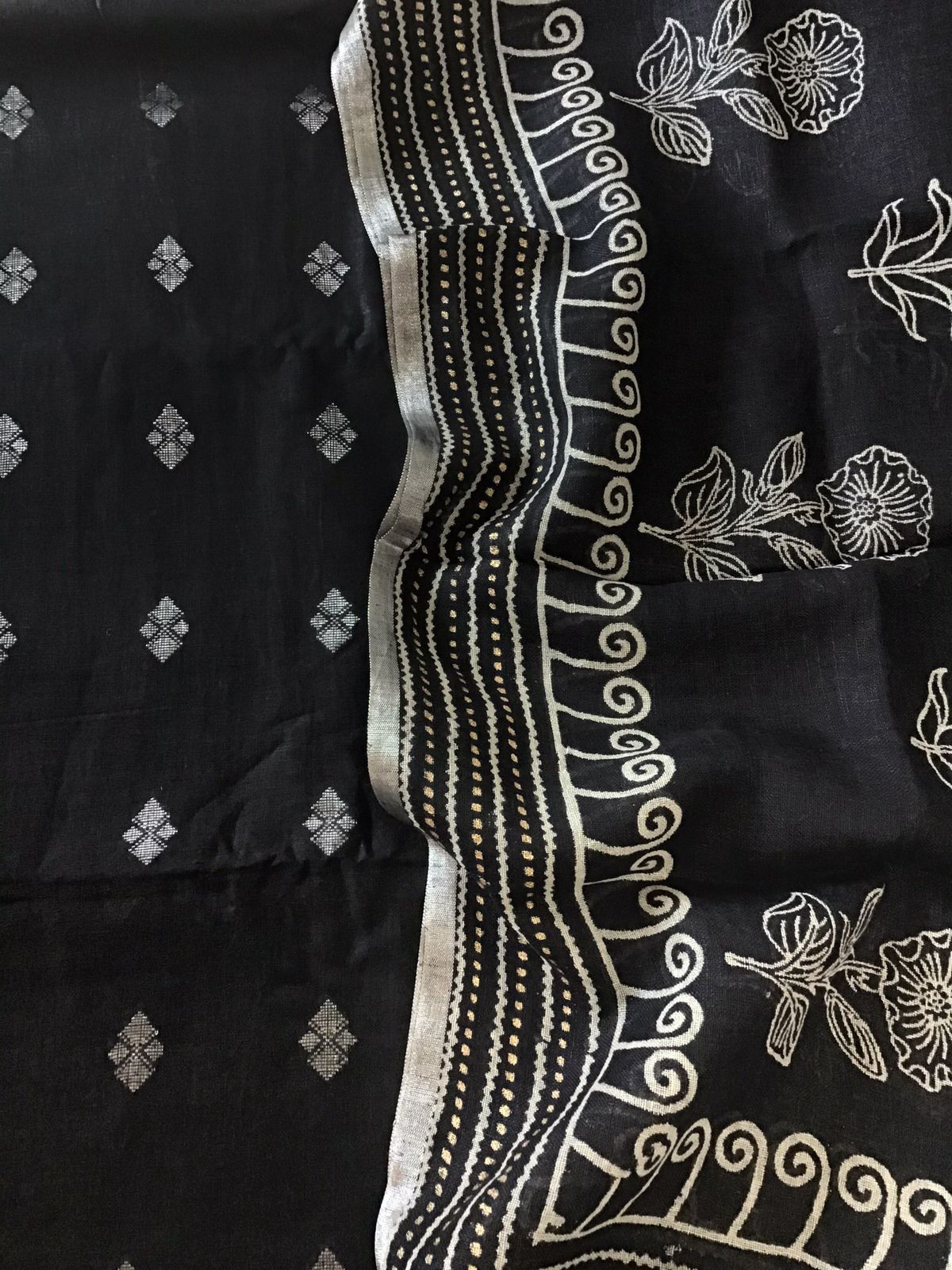 Pure Linen Jute Cotton Printed Self Weaved Suit - Black