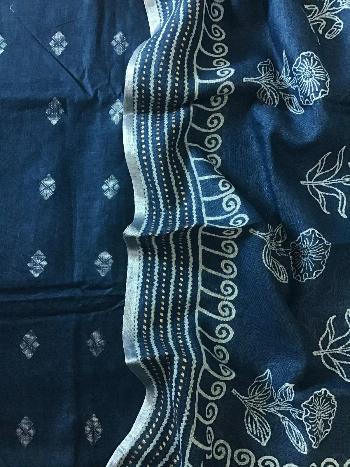 Pure Linen Jute Cotton Printed Self Weaved Suit - Blue