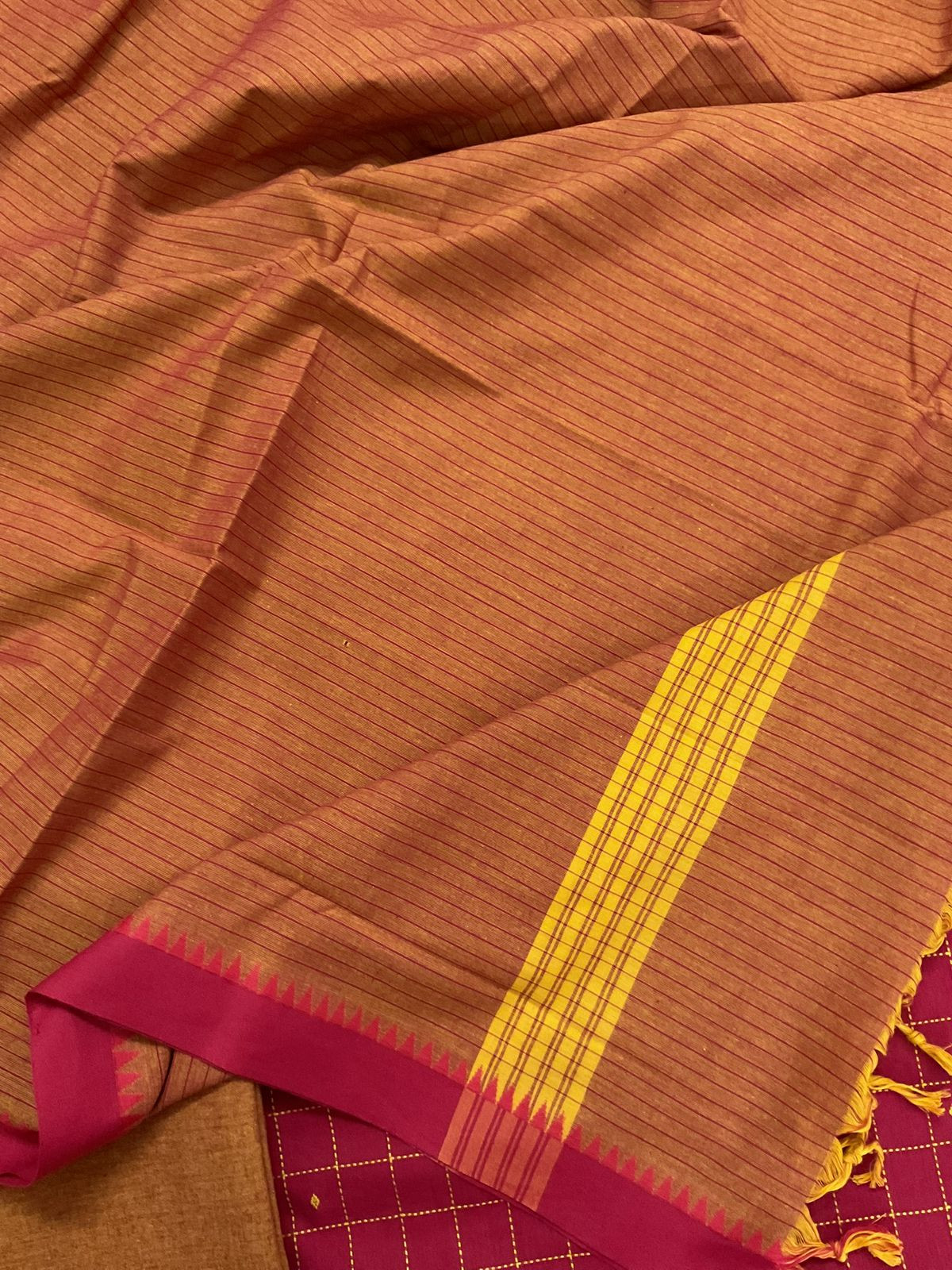 Pure Handloom Cotton Self Weaved Embroidered Suit - Red