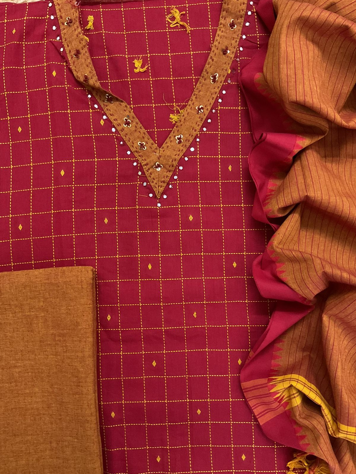 Pure Handloom Cotton Self Weaved Embroidered Suit - Red