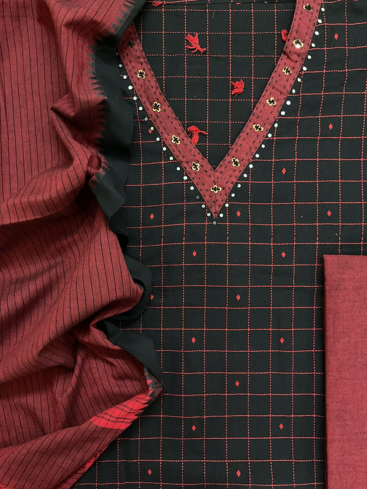 Pure Handloom Cotton Self Weaved Embroidered Suit - Black