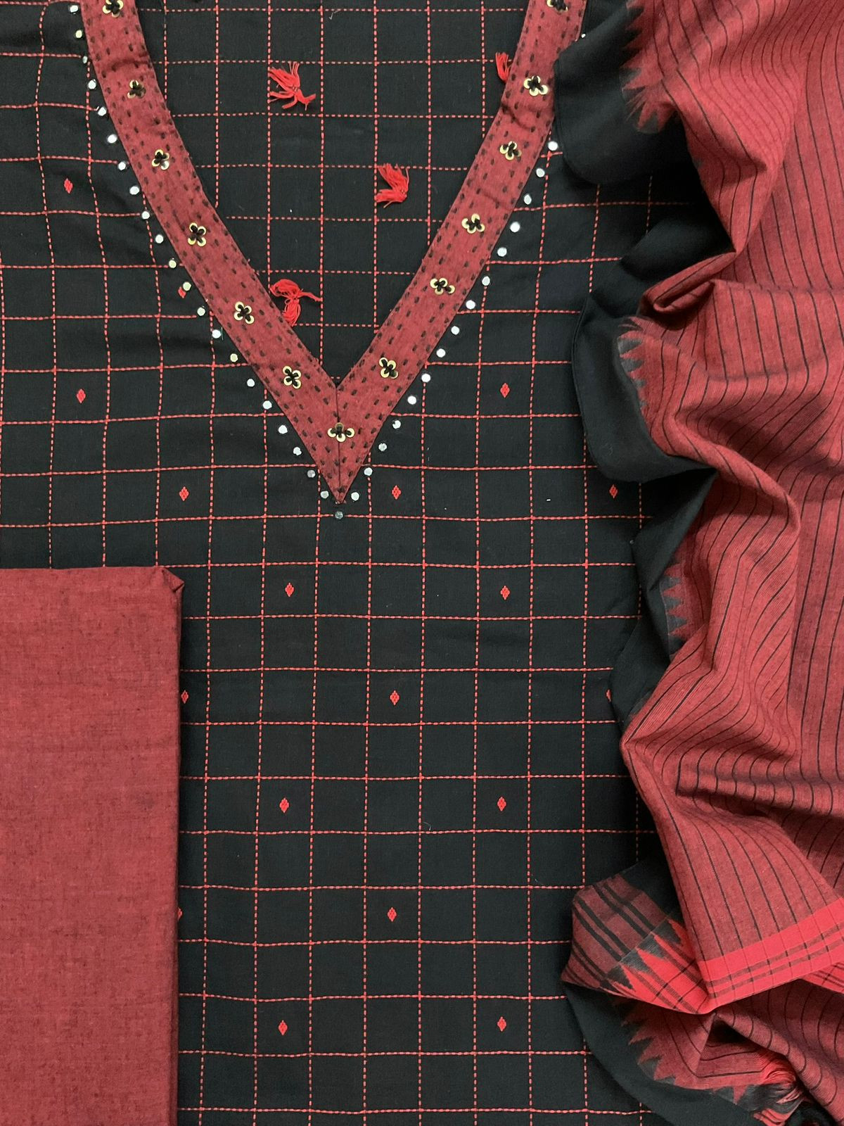 Pure Handloom Cotton Self Weaved Embroidered Suit - Black