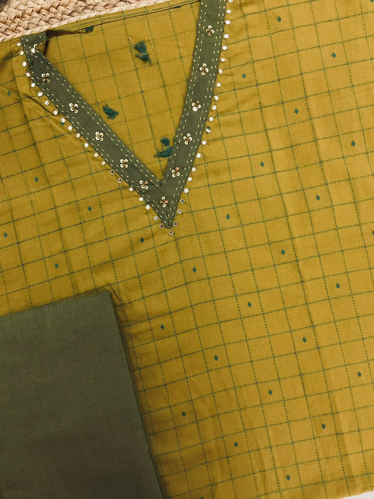 Pure Handloom Cotton Self Weaved Embroidered Suit - Mustard Yellow