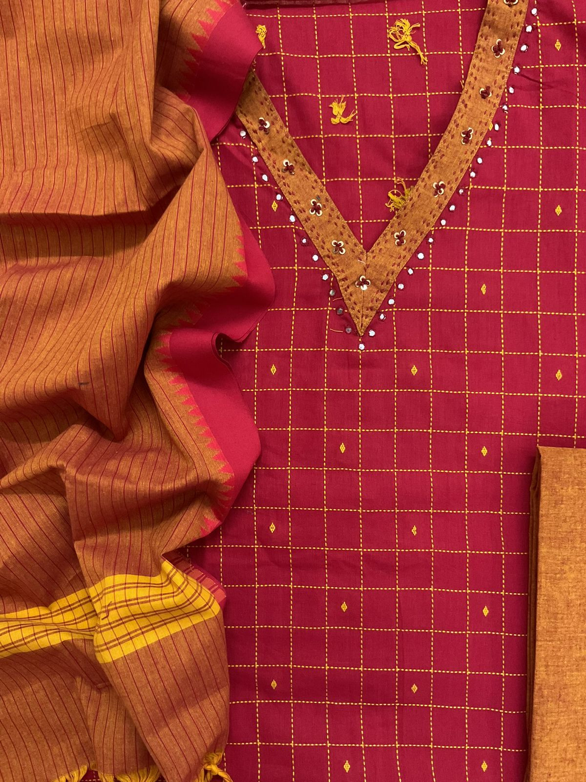 Pure Handloom Cotton Self Weaved Embroidered Suit - Red