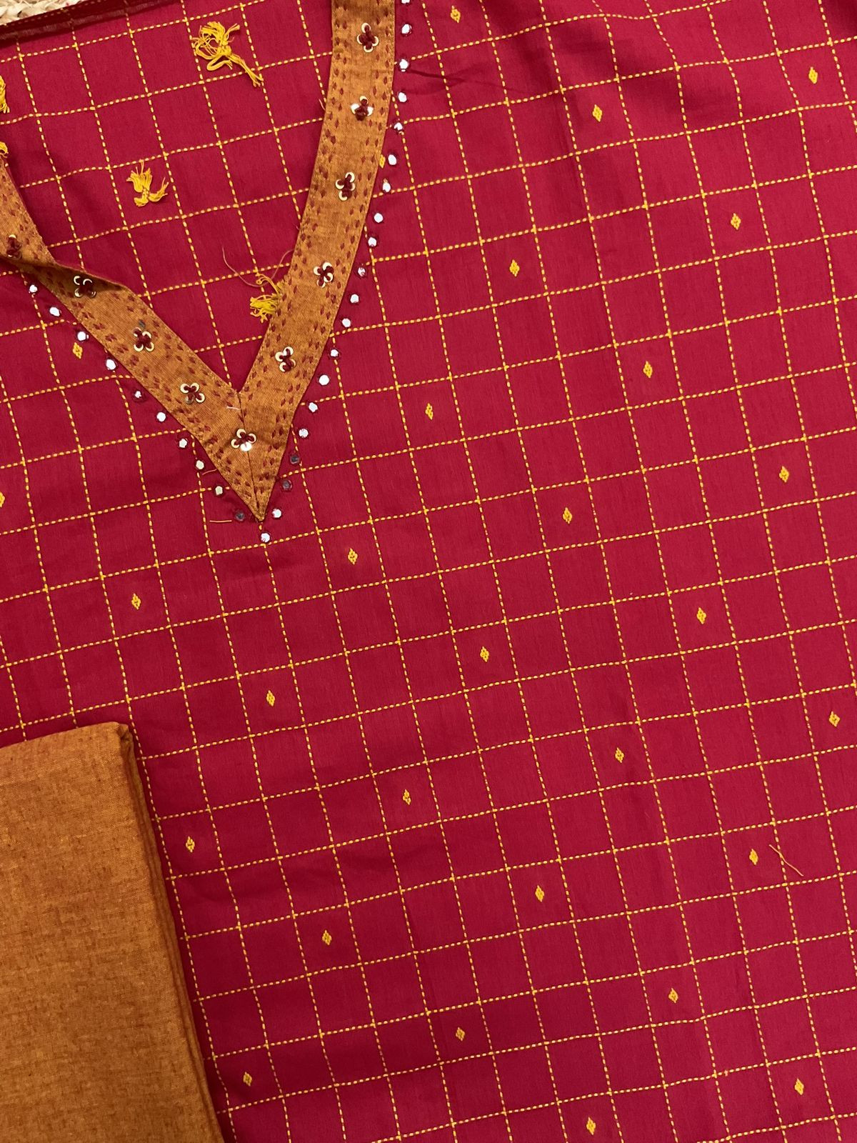 Pure Handloom Cotton Self Weaved Embroidered Suit - Red