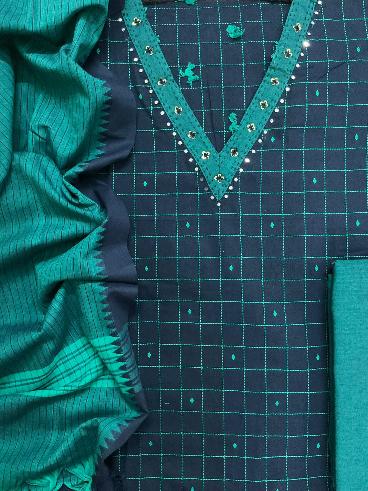 Pure Handloom Cotton Self Weaved Embroidered Suit - Blue