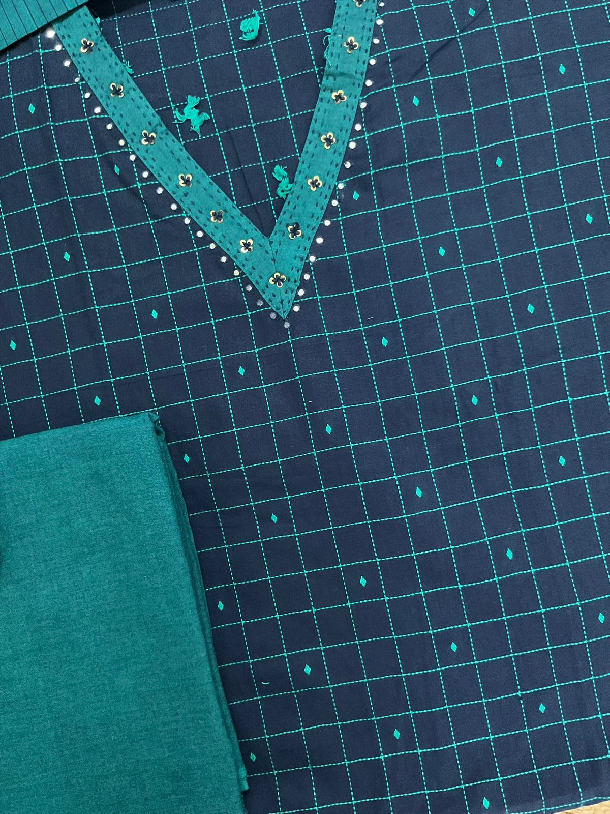 Pure Handloom Cotton Self Weaved Embroidered Suit - Blue