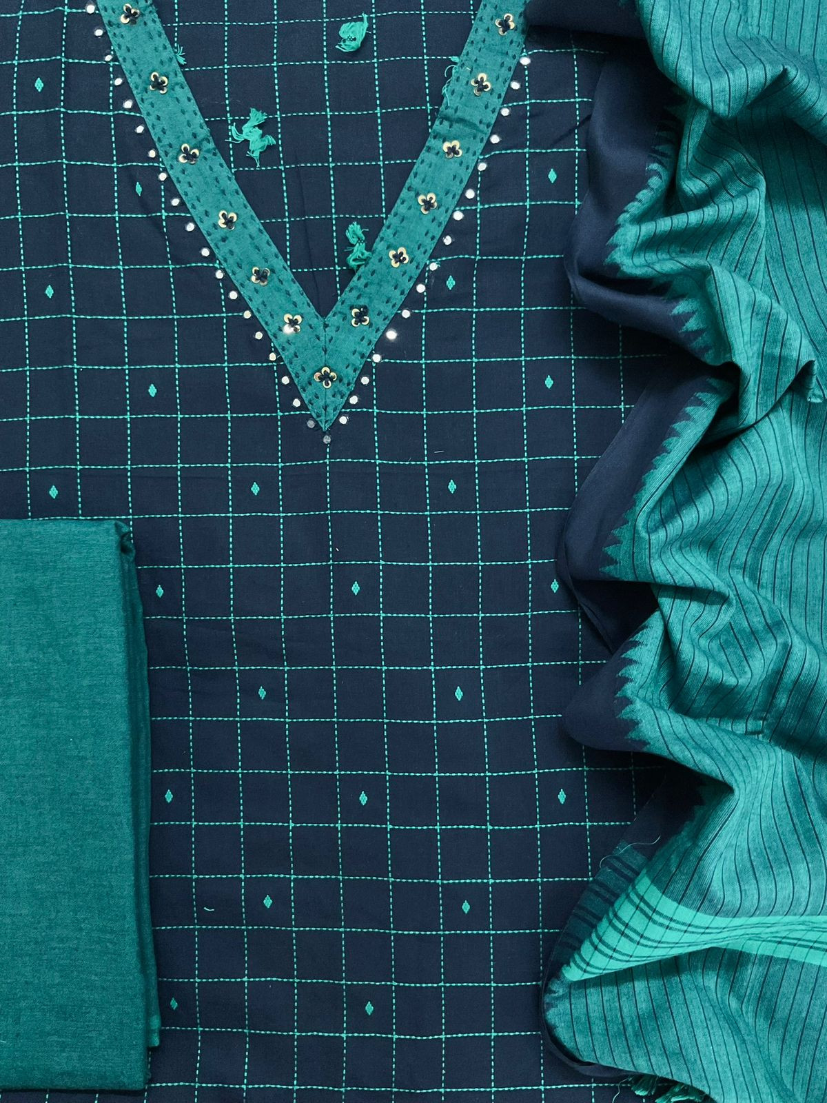 Pure Handloom Cotton Self Weaved Embroidered Suit - Blue