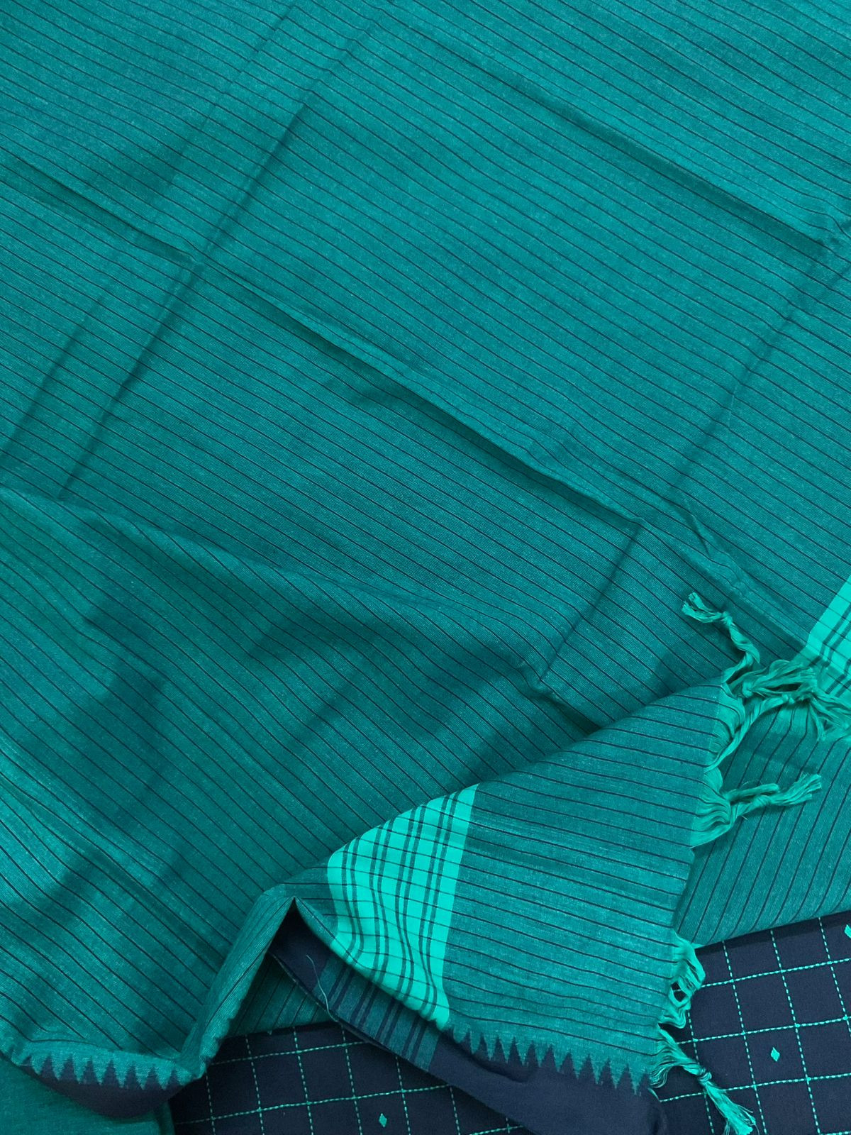 Pure Handloom Cotton Self Weaved Embroidered Suit - Blue