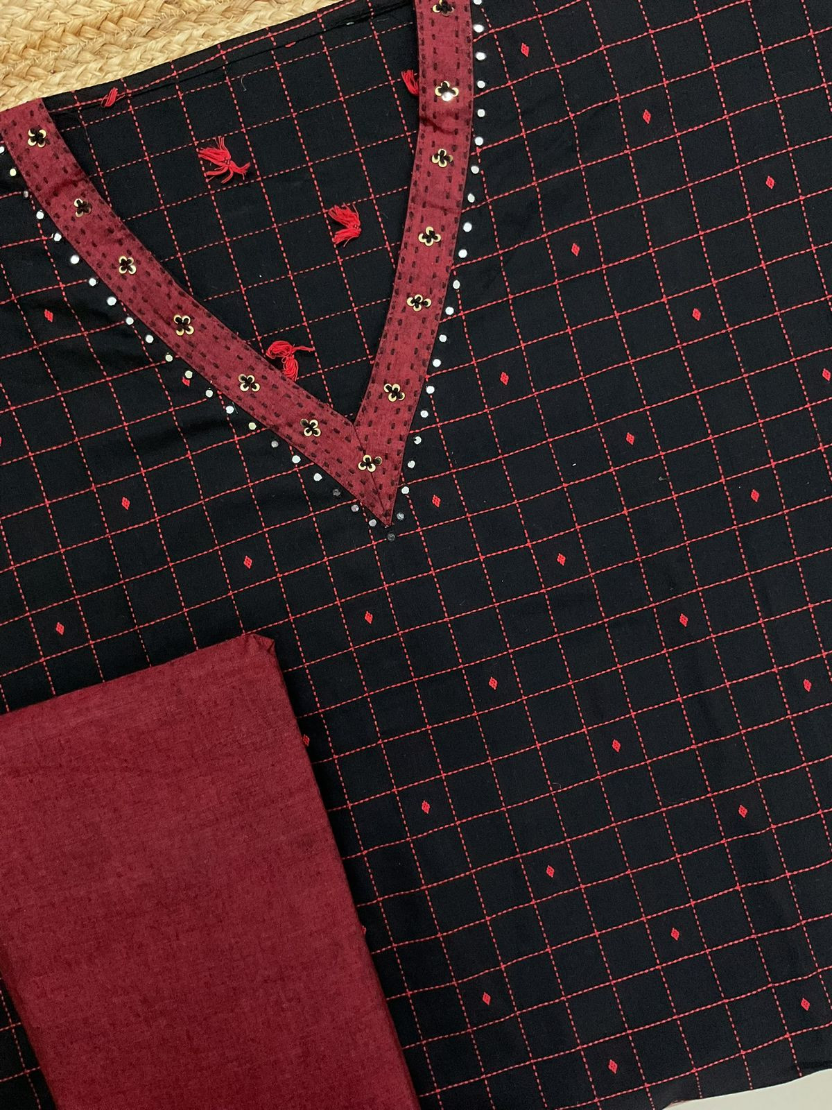 Pure Handloom Cotton Self Weaved Embroidered Suit - Black