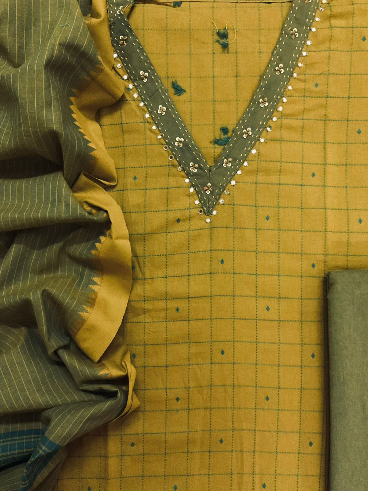 Pure Handloom Cotton Self Weaved Embroidered Suit - Mustard Yellow