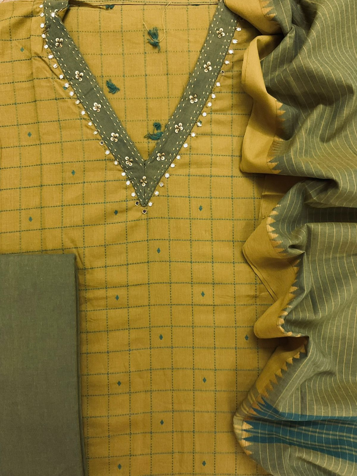 Pure Handloom Cotton Self Weaved Embroidered Suit - Mustard Yellow