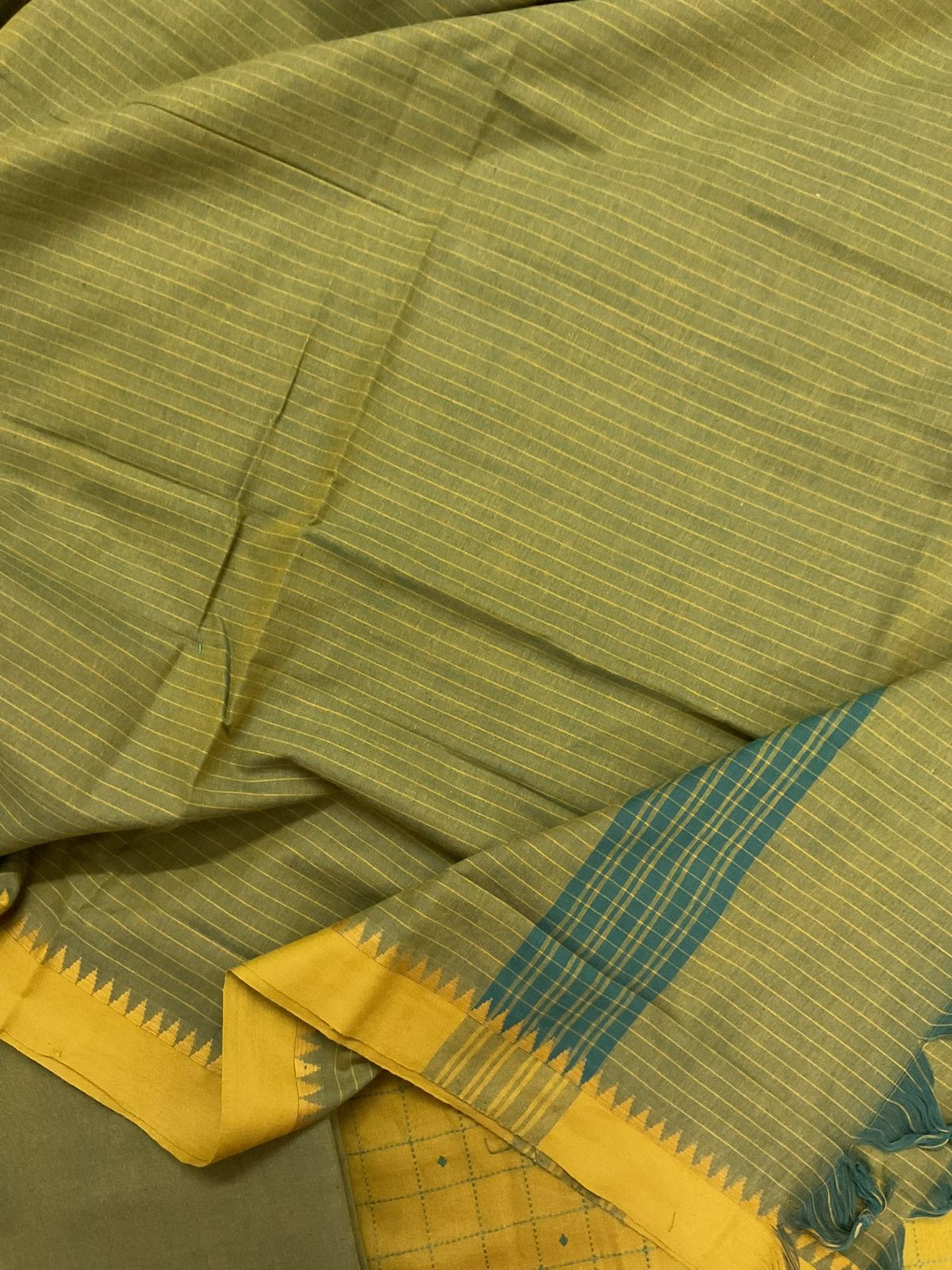 Pure Handloom Cotton Self Weaved Embroidered Suit - Mustard Yellow