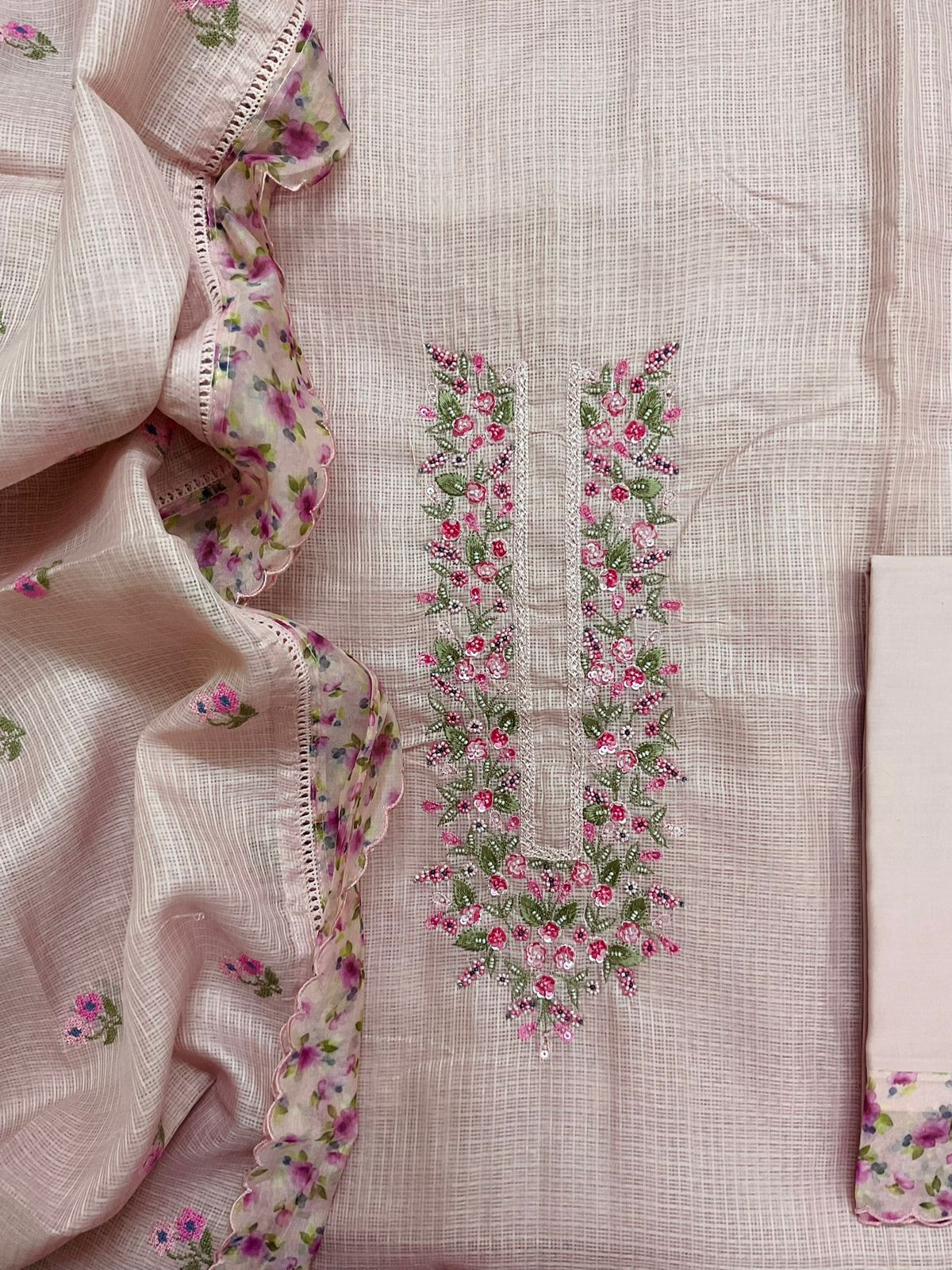 Soft Kota Silk Printed Embroidered Suit - Pink