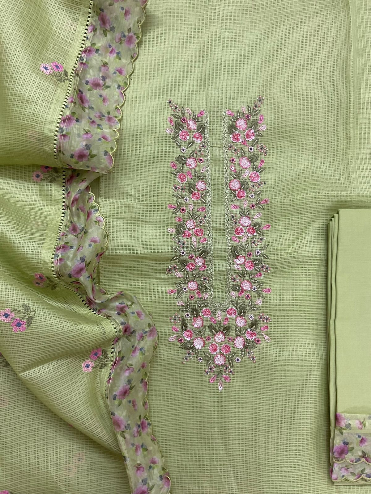 Soft Kota Silk Printed Embroidered Suit - Green