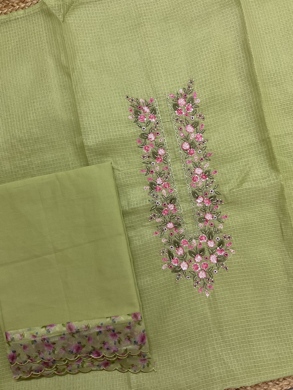 Soft Kota Silk Printed Embroidered Suit - Green