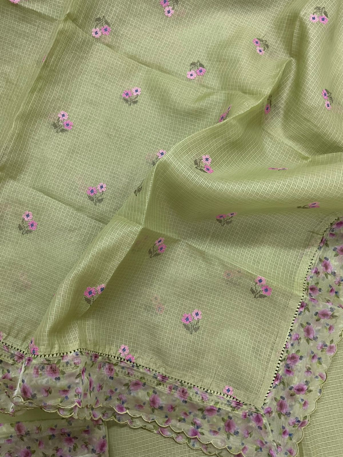 Soft Kota Silk Printed Embroidered Suit - Green