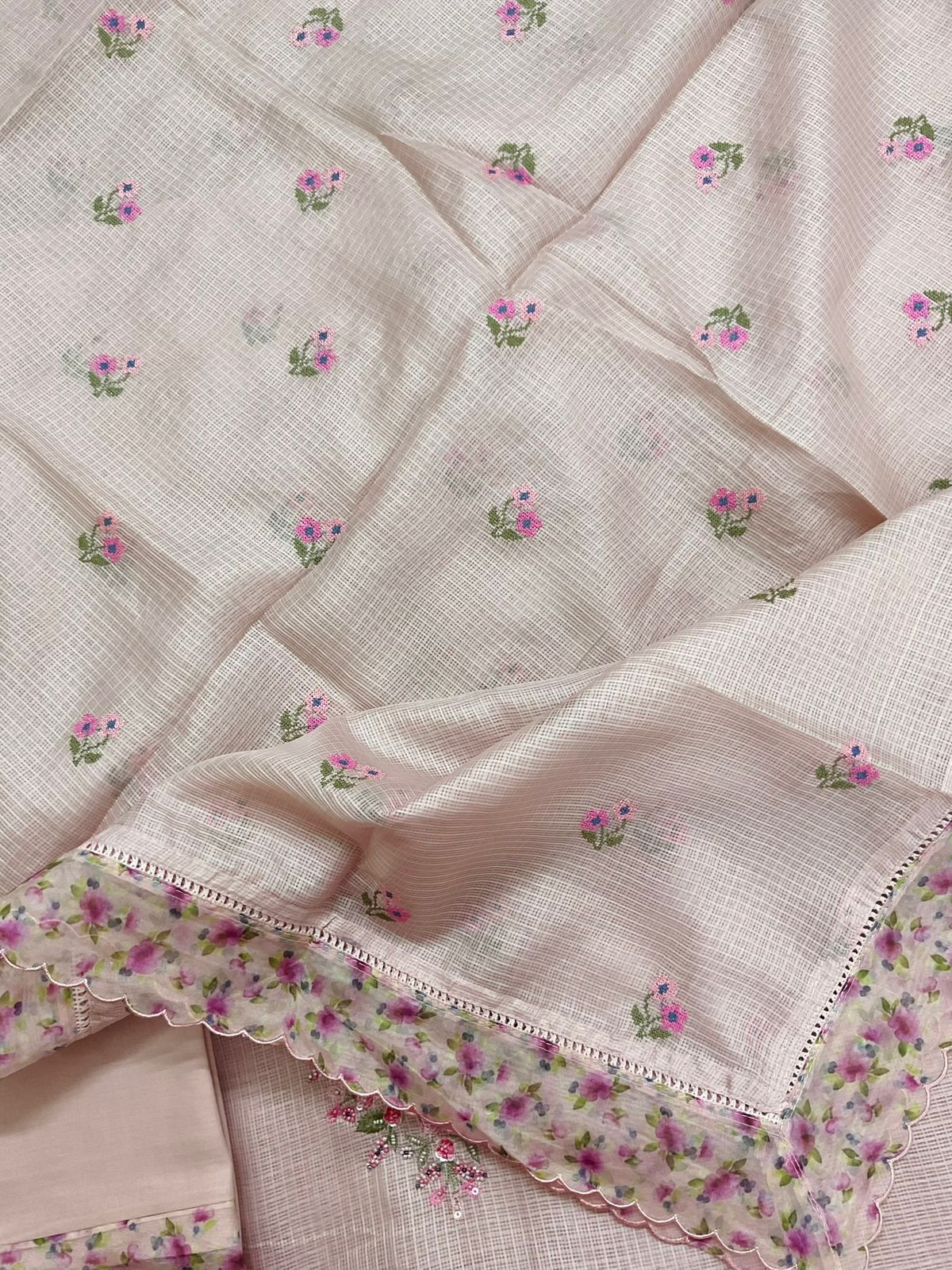 Soft Kota Silk Printed Embroidered Suit - Pink