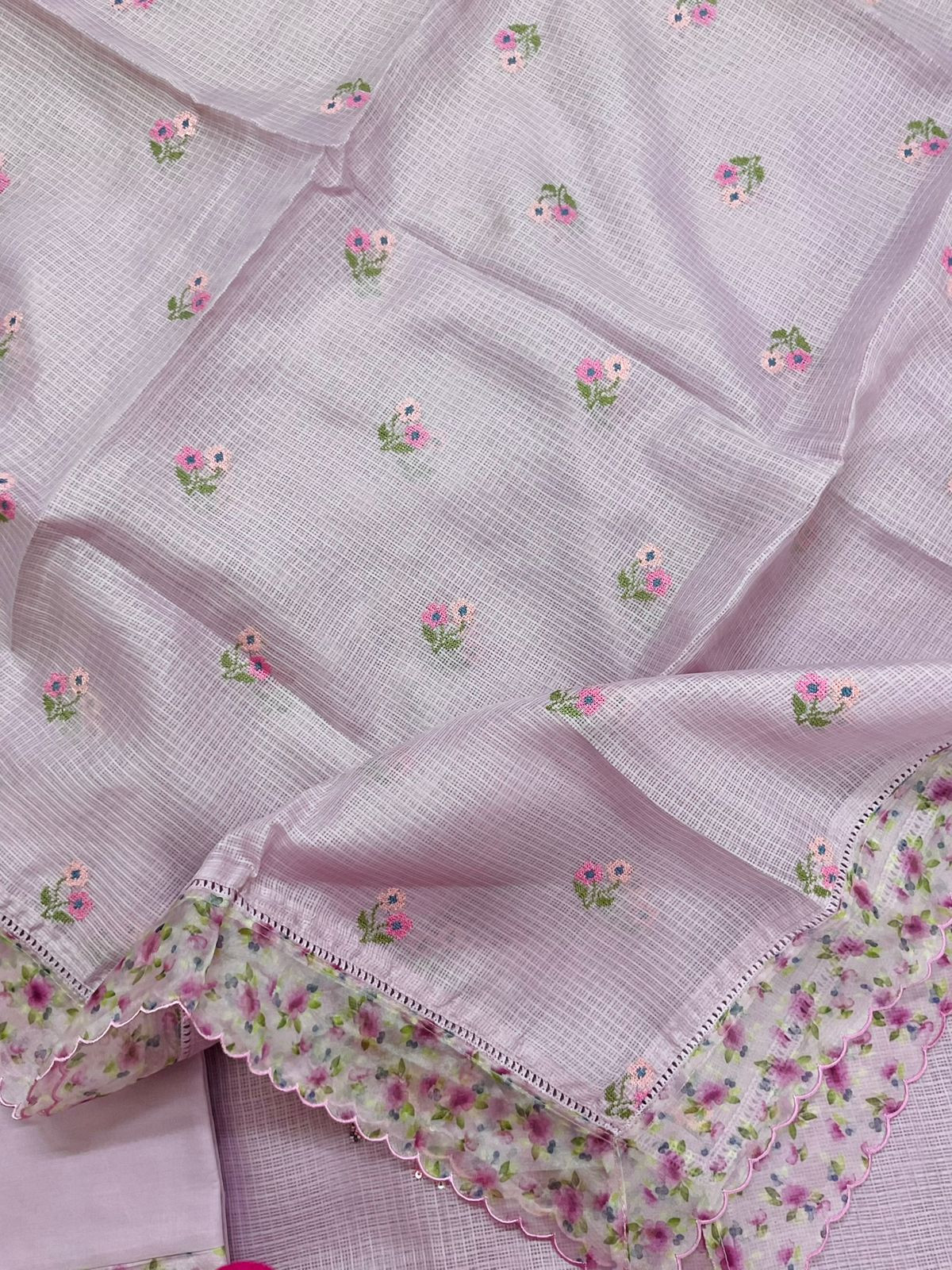 Soft Kota Silk Printed Embroidered Suit - Lavender