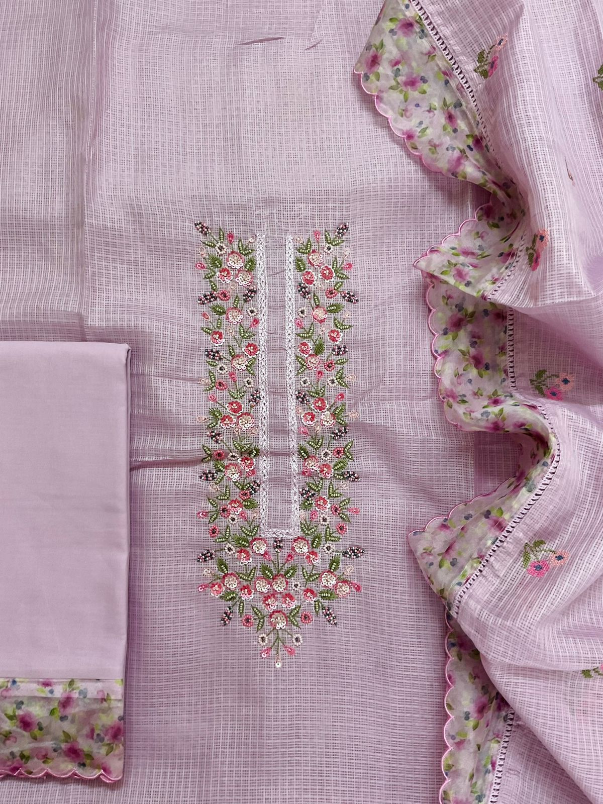 Soft Kota Silk Printed Embroidered Suit - Lavender