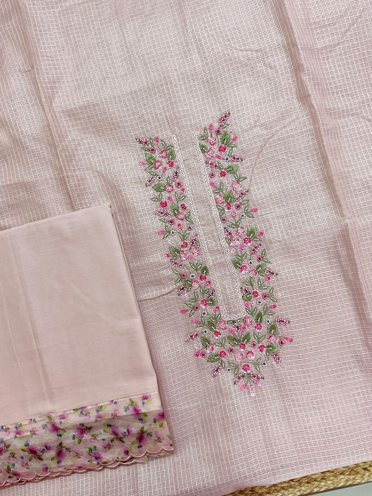 Soft Kota Silk Printed Embroidered Suit - Pink